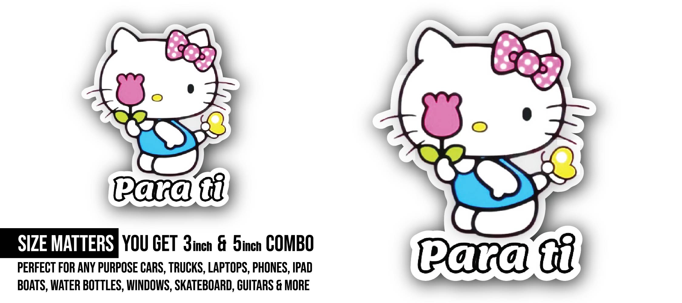 Kitty with flower Sticker, Waterproof Vinyl Decal Sticker Indoor Or Outdoor 2 (Pieces) 3" and 5"