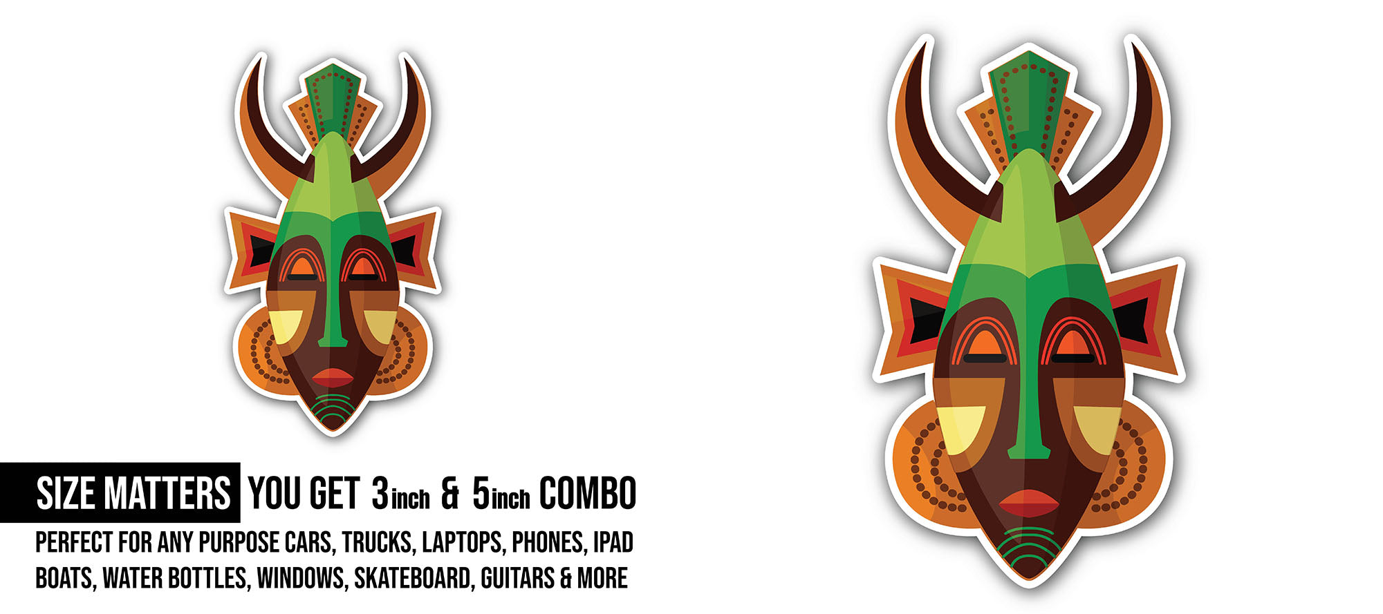 Horned African mask Sticker, Waterproof Vinyl Decal Sticker Indoor Or Outdoor 2 (Pieces) 3" and 5"