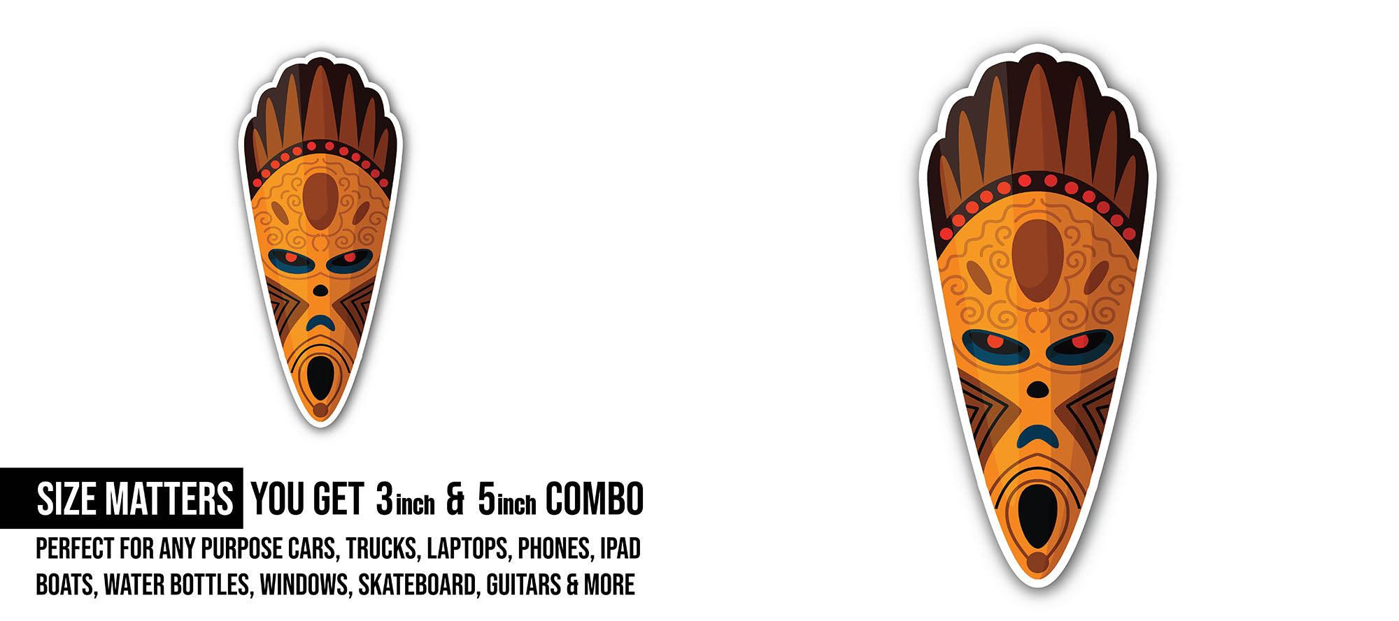 Aboriginal African wooden mask Sticker, Waterproof Vinyl Decal Sticker Indoor Or Outdoor 2 (Pieces) 3" and 5"