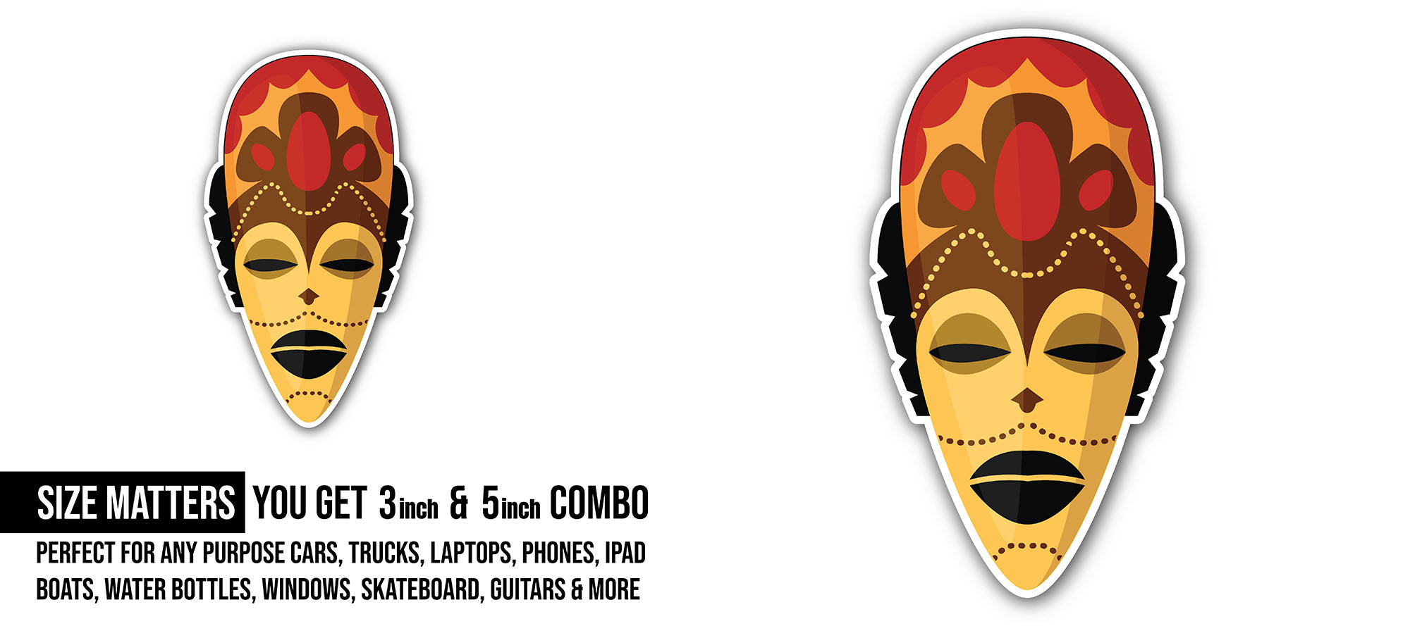 Tribal Mask Sticker, Waterproof Vinyl Decal Sticker Indoor Or Outdoor 2 (Pieces) 3" and 5"