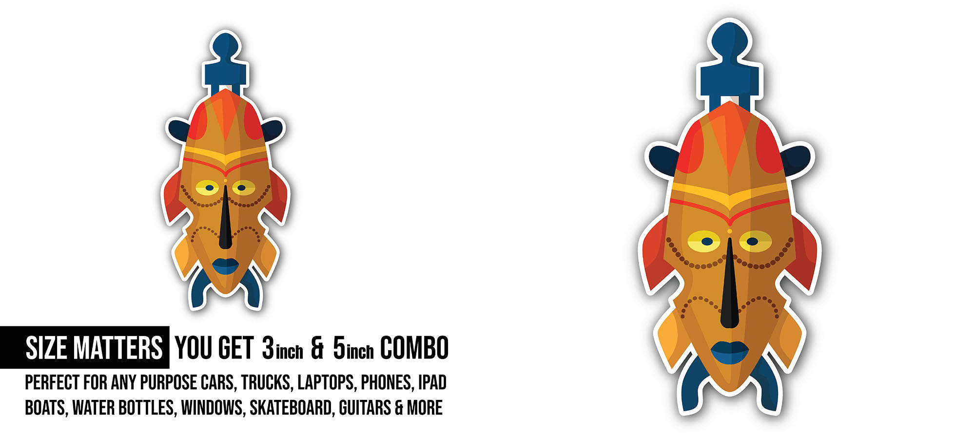 Aztec or Inca warrior mask Sticker, Waterproof Vinyl Decal Sticker Indoor Or Outdoor 2 (Pieces) 3" and 5"