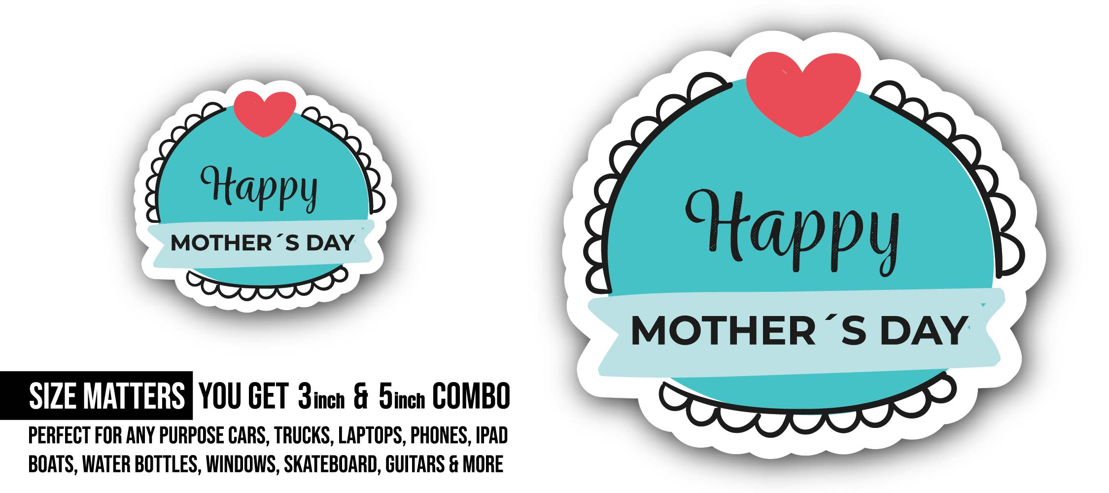 Mother's Day & Red Heart Sticker, Waterproof Vinyl Decal Sticker Indoor Or Outdoor 2 (Pieces) 3" and 5"