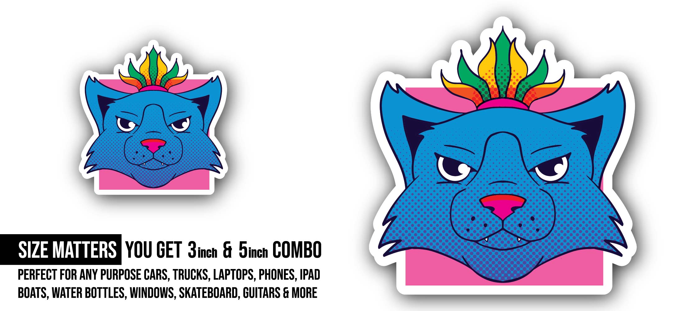 Blue Head Cat Sticker, Waterproof Vinyl Decal Sticker Indoor Or Outdoor 2 (Pieces) 3" and 5"