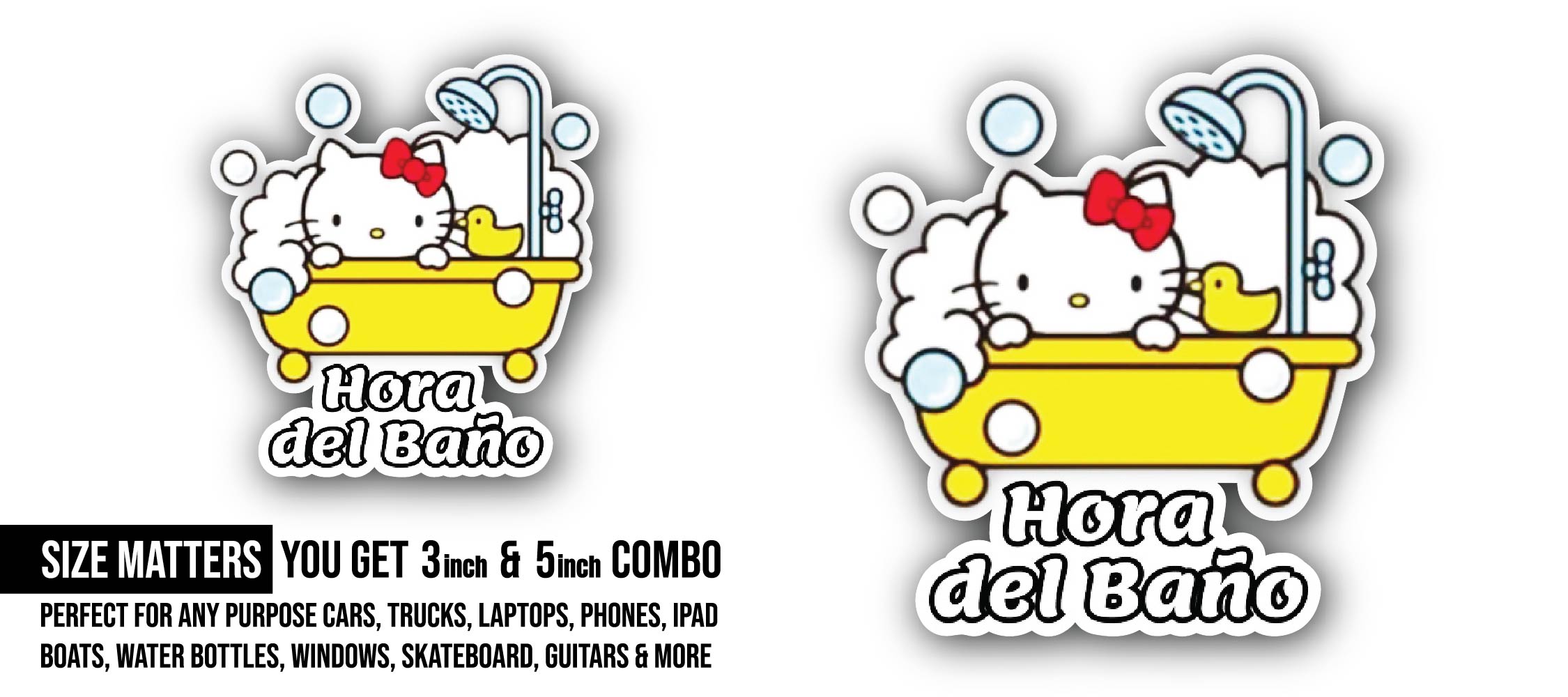 Bath time with kitty  Sticker, Waterproof Vinyl Decal Sticker Indoor Or Outdoor 2 (Pieces) 3" and 5"