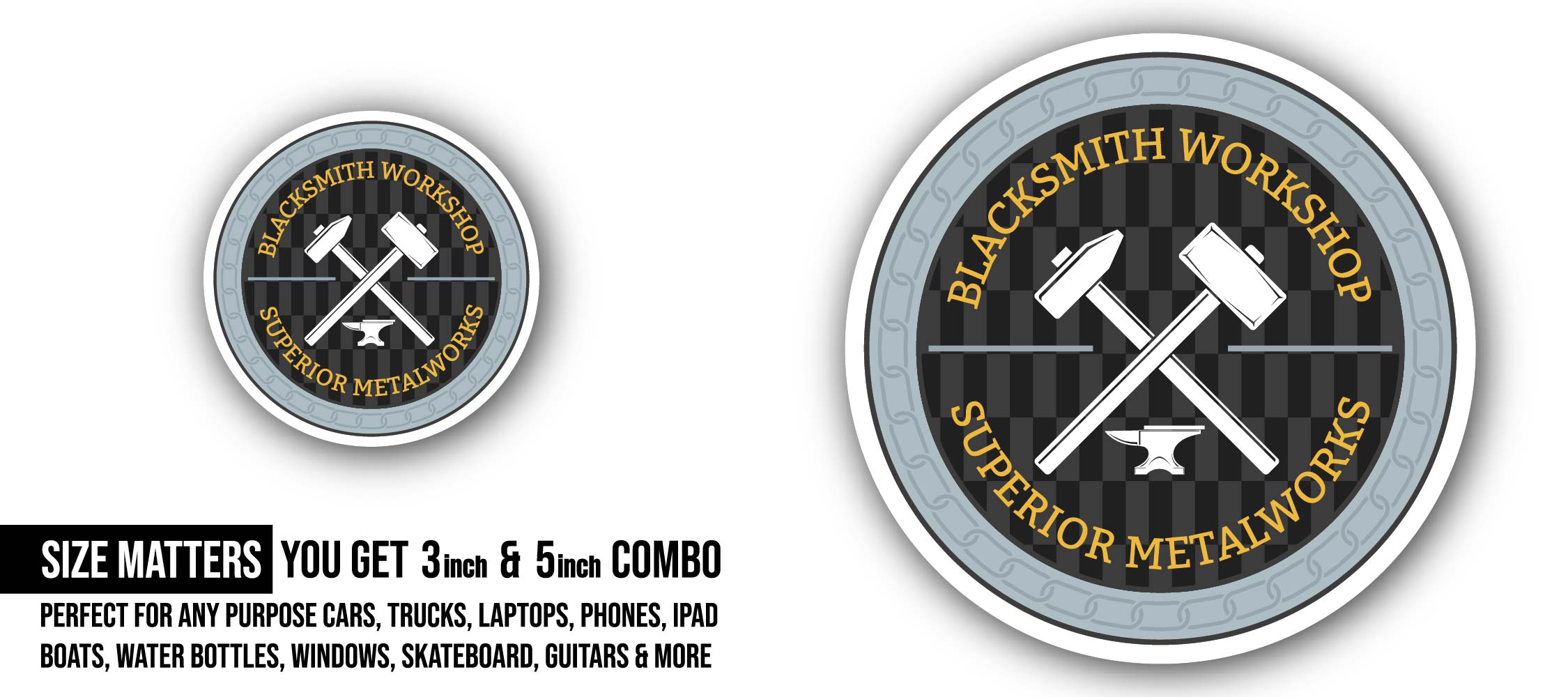 Metalwork Workshop Sticker, Waterproof Vinyl Decal Sticker Indoor Or Outdoor 2 (Pieces) 3" and 5"