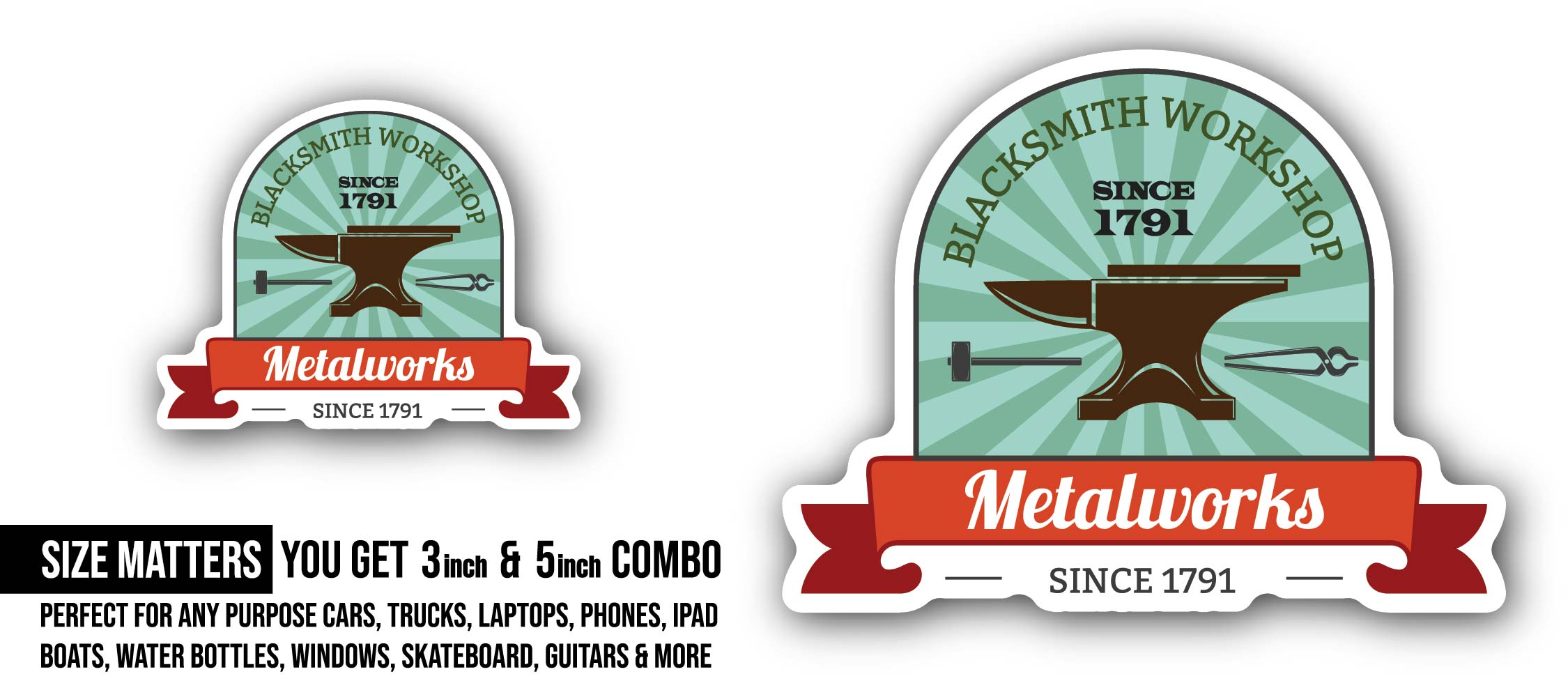 Blacksmith Workshop Sticker, Waterproof Vinyl Decal Sticker Indoor Or Outdoor 2 (Pieces) 3" and 5"