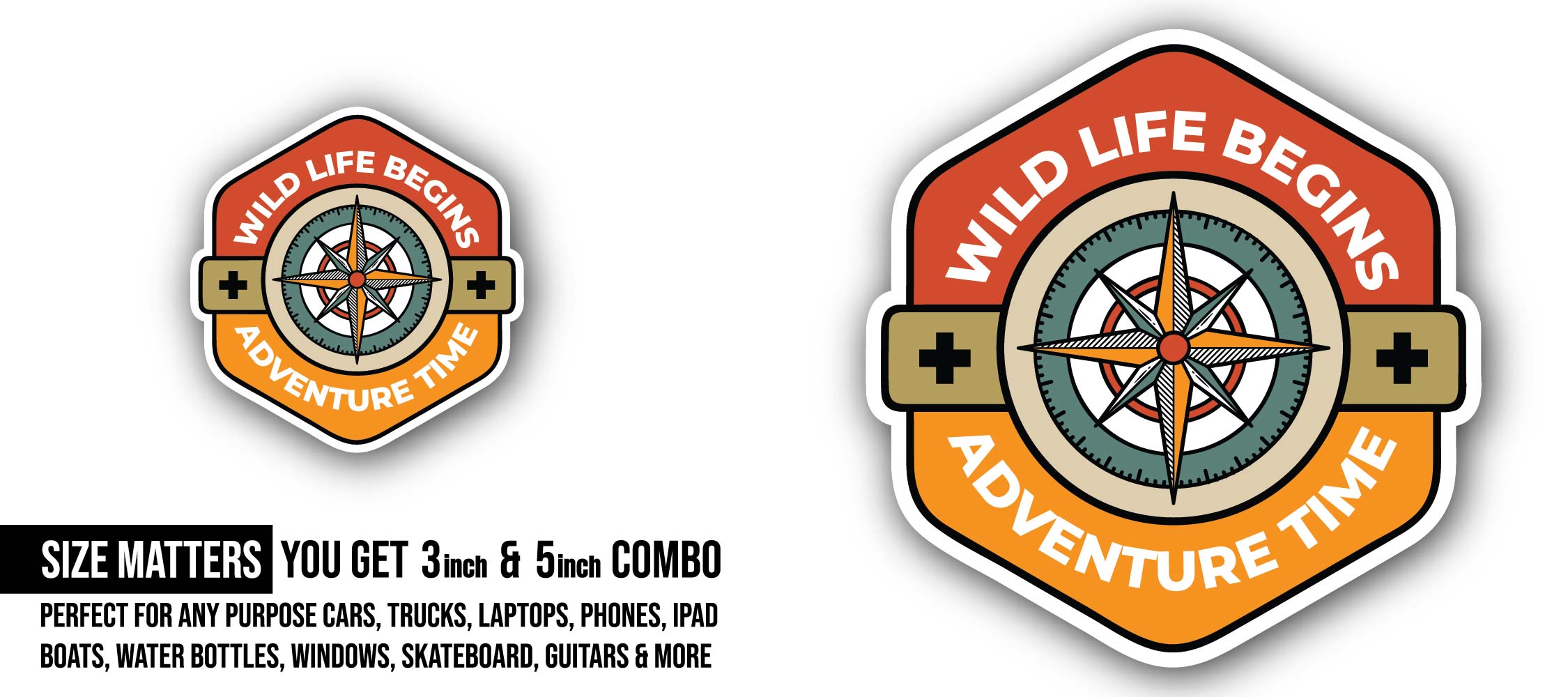 Compass Emblem Adventure Time Sticker, Waterproof Vinyl Decal Sticker Indoor Or Outdoor 2 (Pieces) 3" and 5"