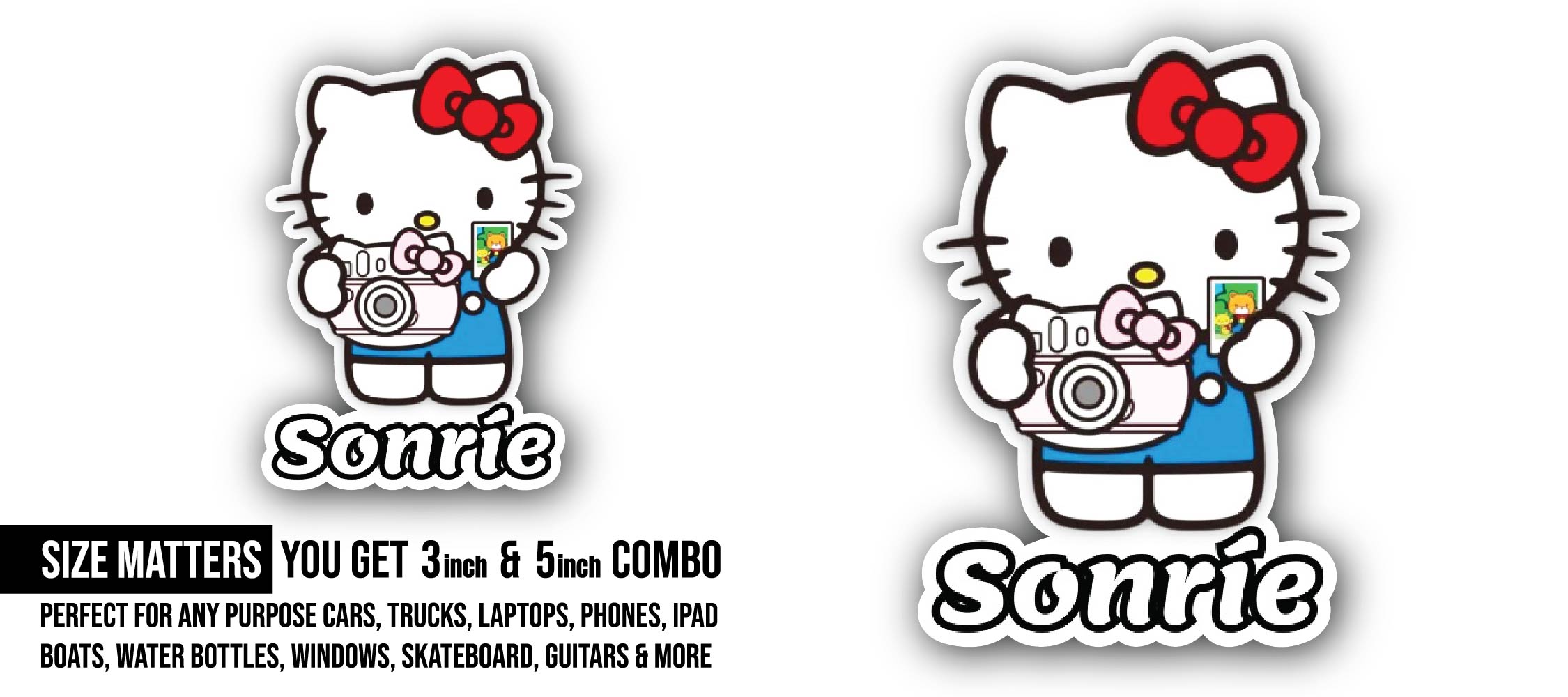 Cat with Camera Sticker, Waterproof Vinyl Decal Sticker Indoor Or Outdoor 2 (Pieces) 3" and 5"
