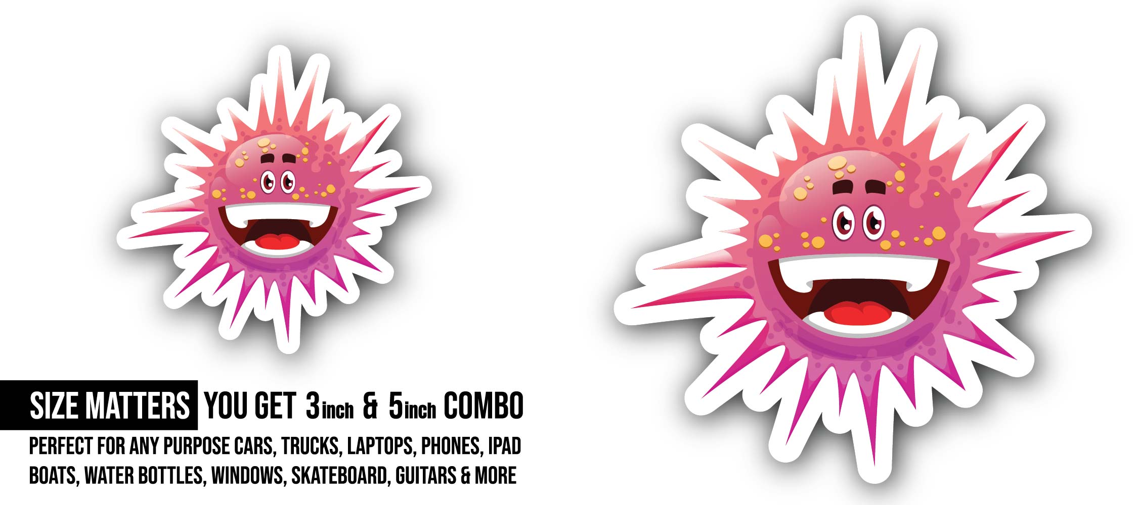 Spiky Bacteria Germ Virus Monster Sticker, Waterproof Vinyl Decal Sticker Indoor Or Outdoor 2 (Pieces) 3" and 5"