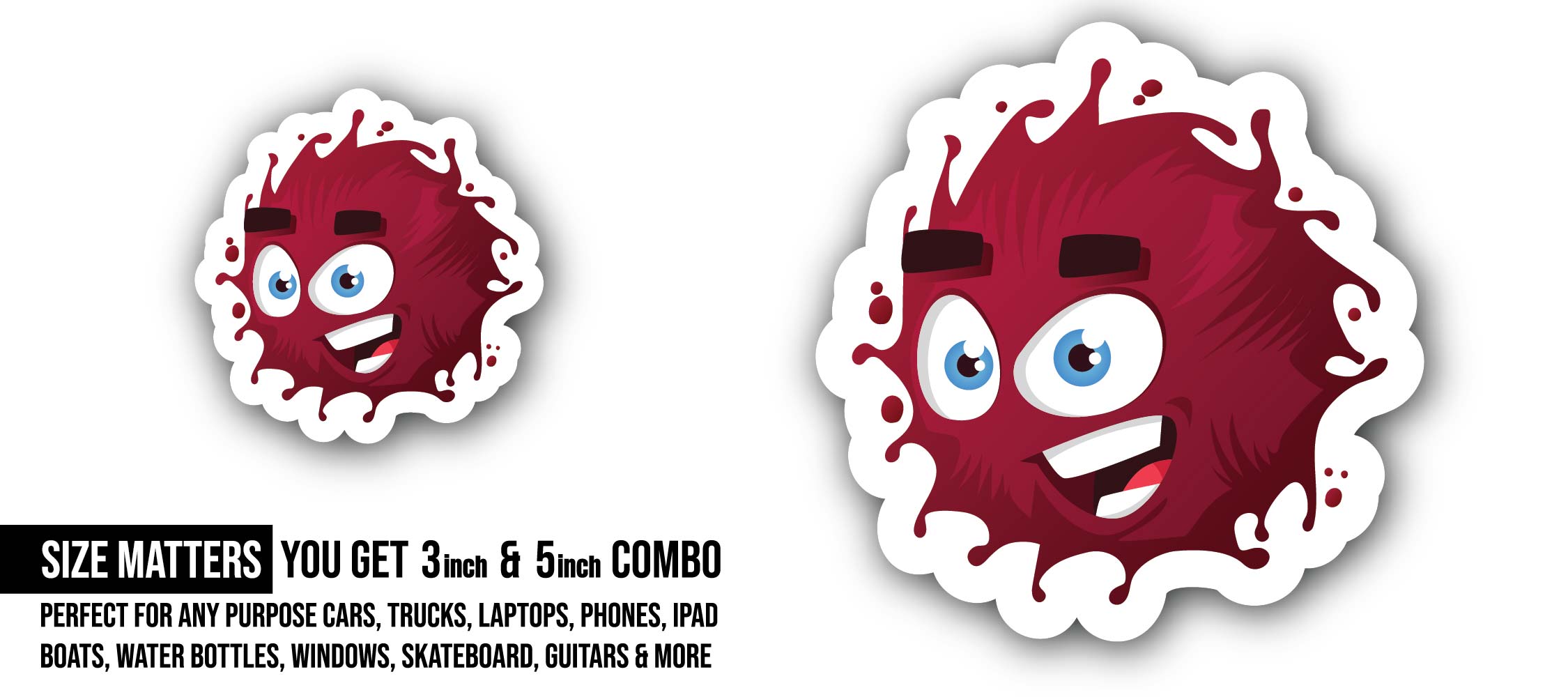 Cute Round Monster Sticker, Waterproof Vinyl Decal Sticker Indoor Or Outdoor 2 (Pieces) 3" and 5"