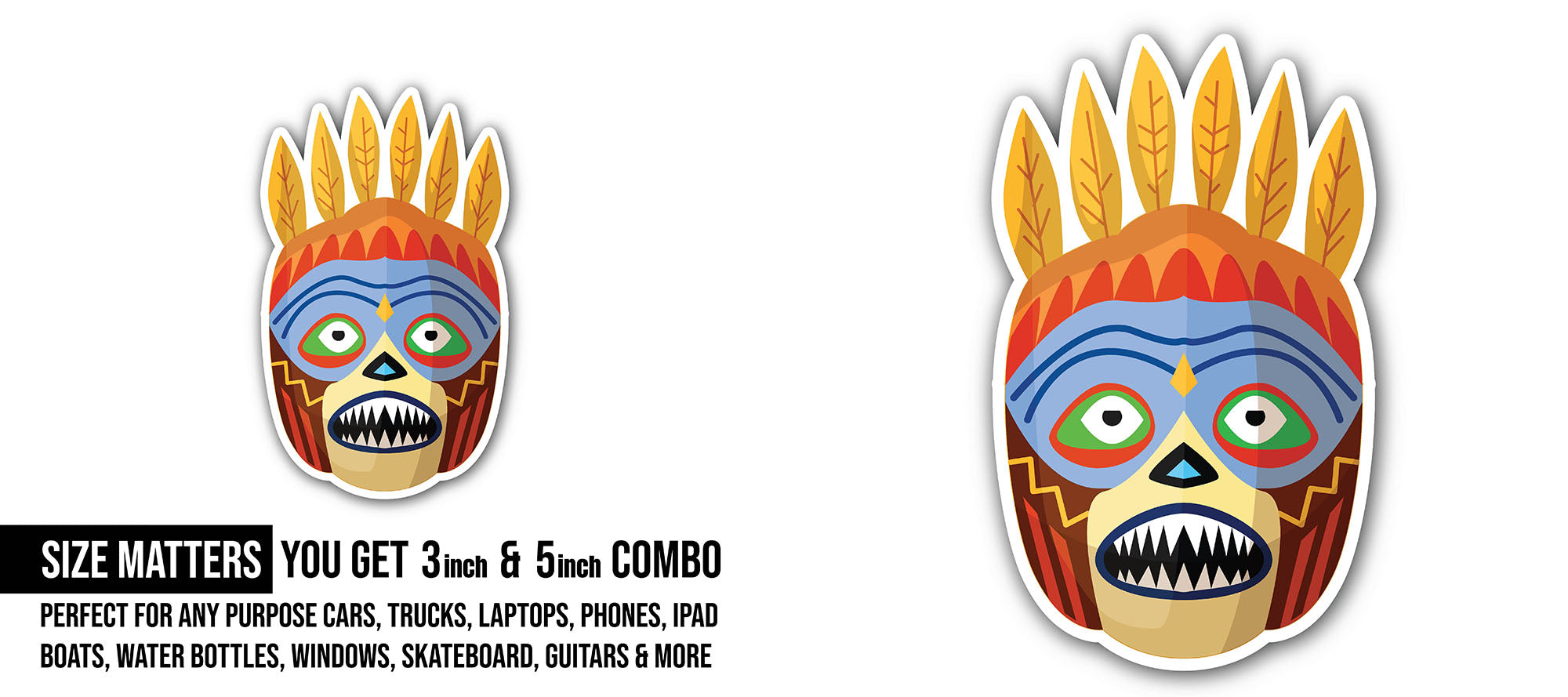Prehistoric african mask with toothy mouth Sticker, Waterproof Vinyl Decal Sticker Indoor Or Outdoor 2 (Pieces) 3" and 5"