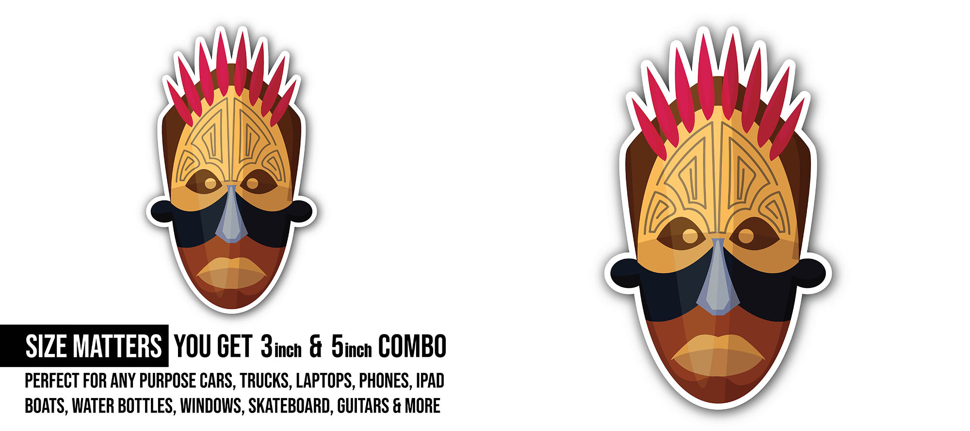 African god mask Sticker, Waterproof Vinyl Decal Sticker Indoor Or Outdoor 2 (Pieces) 3" and 5"