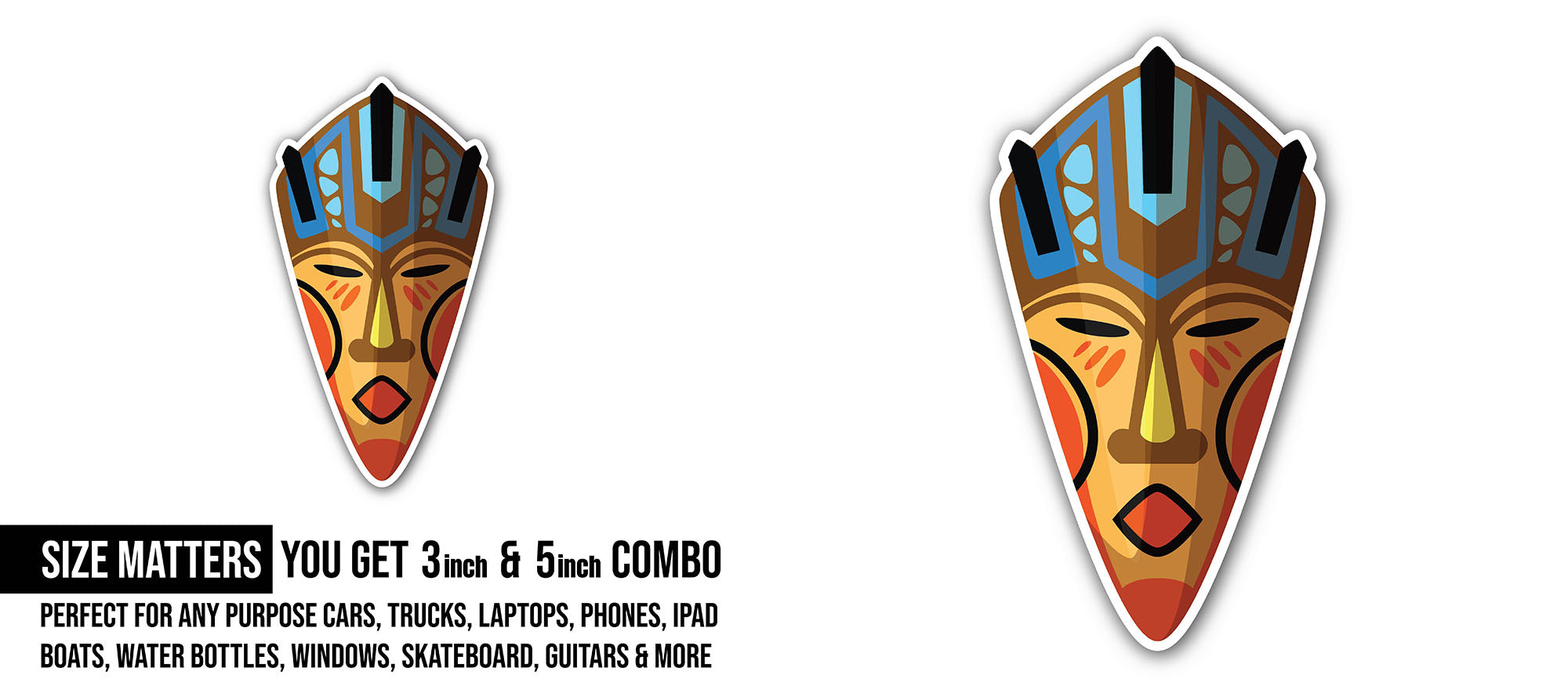 Aboriginal African wooden mask Sticker, Waterproof Vinyl Decal Sticker Indoor Or Outdoor 2 (Pieces) 3" and 5"