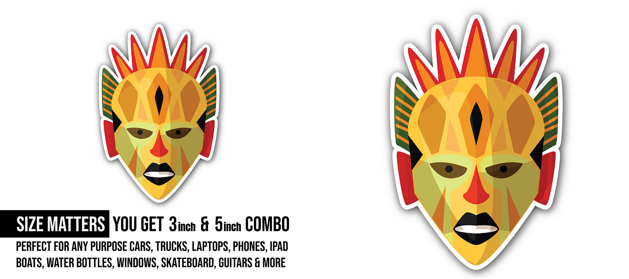 Tribal African mask Sticker, Waterproof Vinyl Decal Sticker Indoor Or Outdoor 2 (Pieces) 3" and 5"