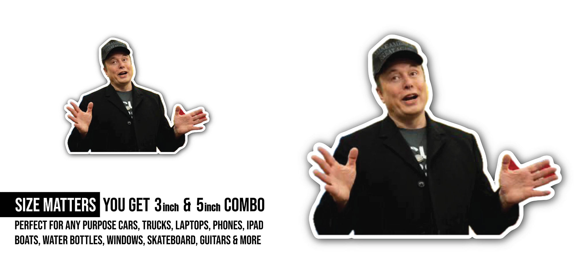 Elon Musk style Sticker, Waterproof Vinyl Decal Sticker Indoor Or Outdoor 2 (Pieces) 3" and 5"