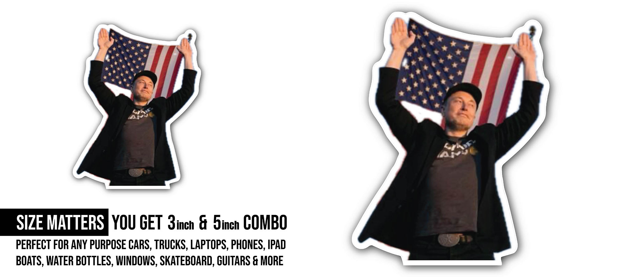 Elon Musk with flag Sticker, Waterproof Vinyl Decal Sticker Indoor Or Outdoor 2 (Pieces) 3" and 5"