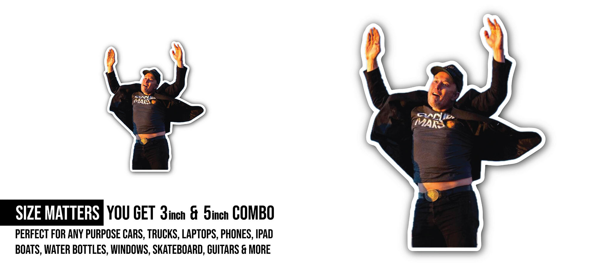 Elon Musk jumping Sticker, Waterproof Vinyl Decal Sticker Indoor Or Outdoor 2 (Pieces) 3" and 5"