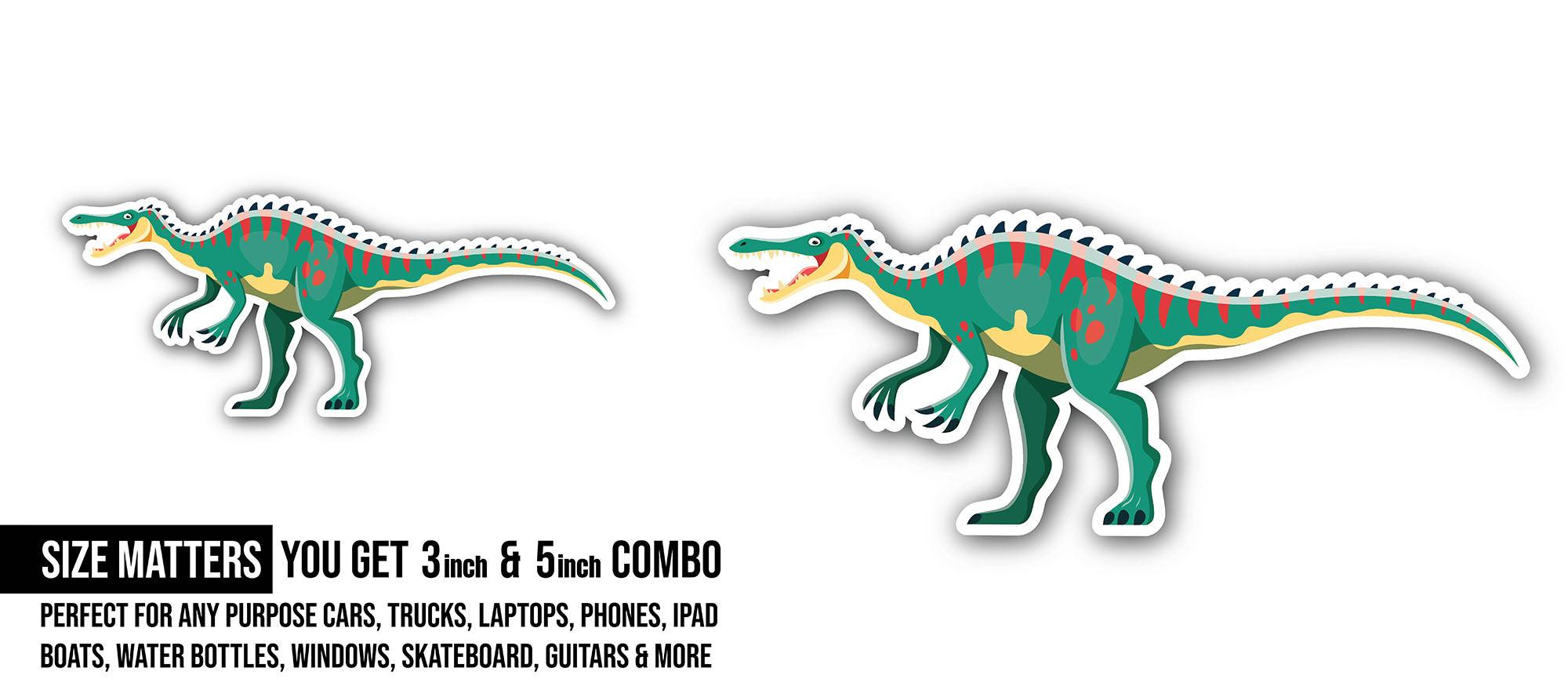 Dinosaur prehistoric cartoon lizard Sticker, Waterproof Vinyl Decal Sticker Indoor Or Outdoor 2 (Pieces) 3" and 5"