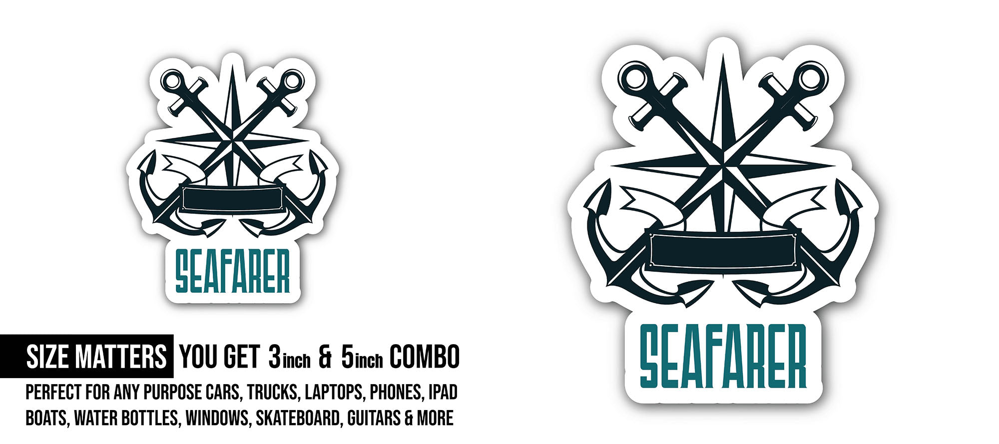 Seafarer Logo Sticker, Waterproof Vinyl Decal Sticker Indoor Or Outdoor 2 (Pieces) 3" and 5"