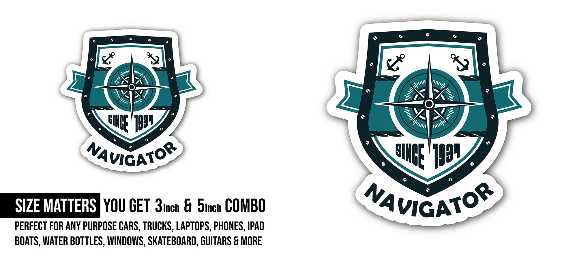 Marine navigator emblem Sticker, Waterproof Vinyl Decal Sticker Indoor Or Outdoor 2 (Pieces) 3" and 5"