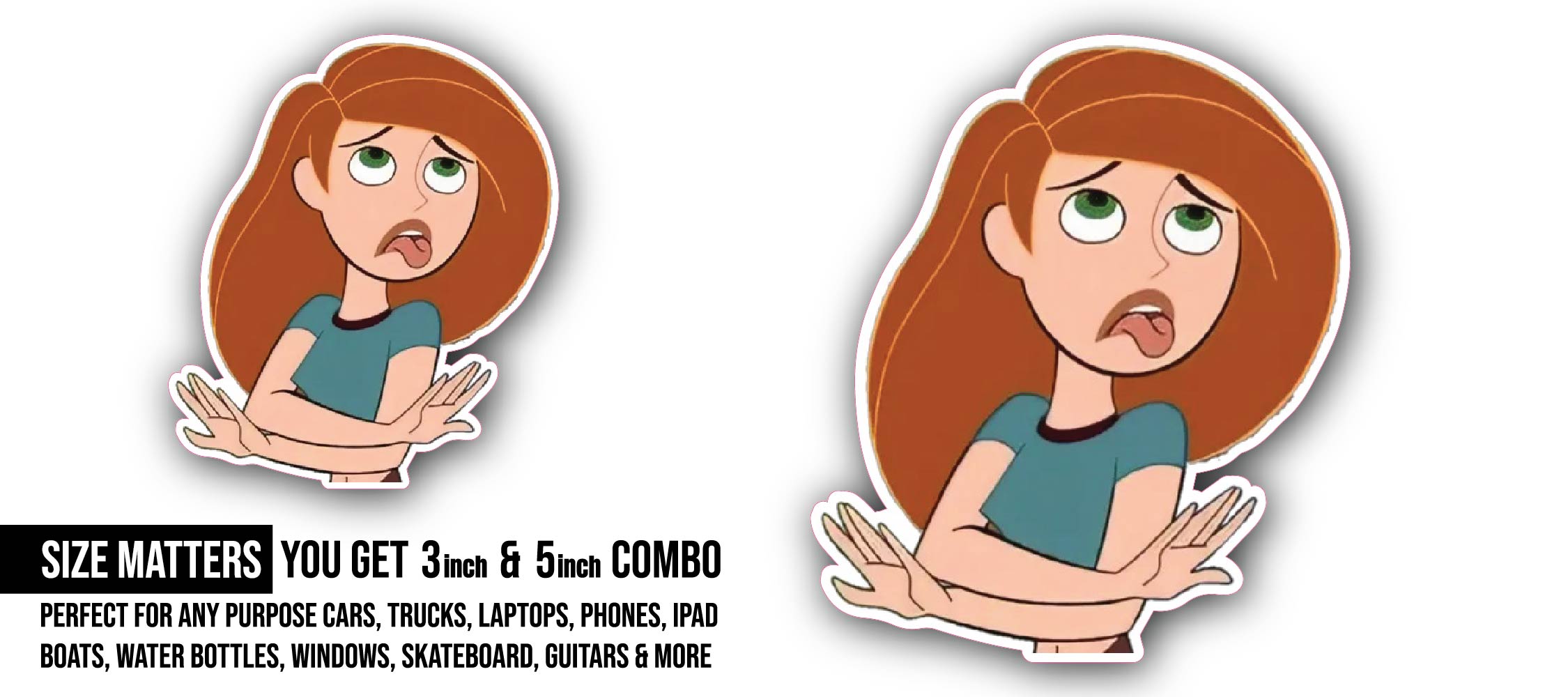 Kim Possible Sticker, Waterproof Vinyl Decal Sticker Indoor Or Outdoor 2 (Pieces) 3" and 5"