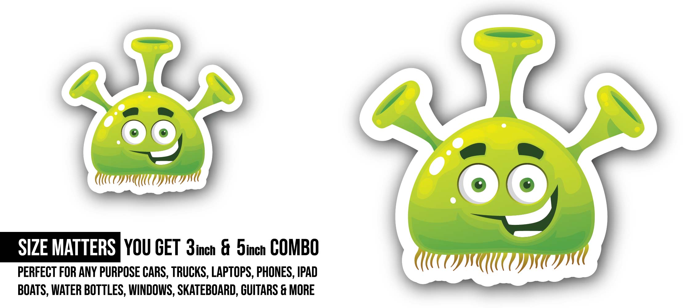 Funny Green Alien cartoon Sticker, Waterproof Vinyl Decal Sticker Indoor Or Outdoor 2 (Pieces) 3" and 5"