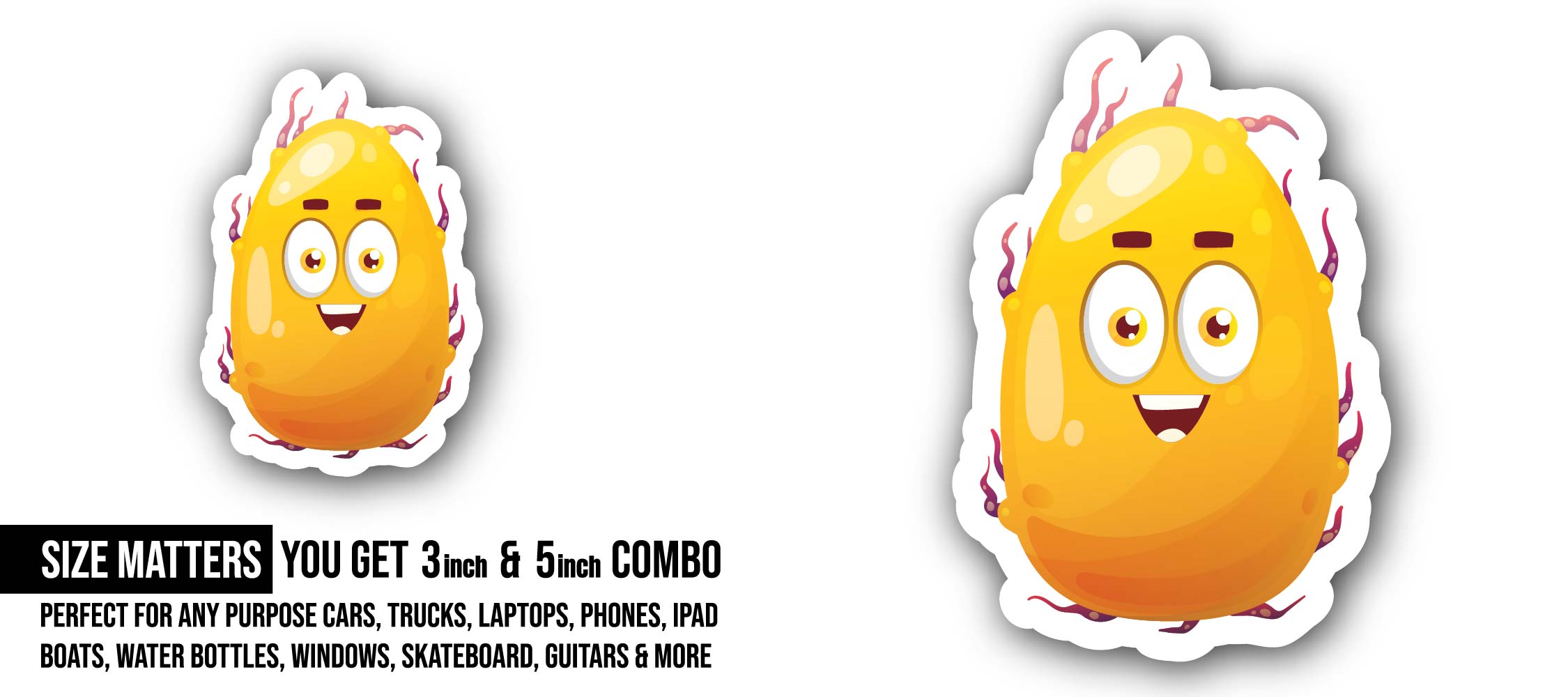 Monster Smiley Egg Sticker, Waterproof Vinyl Decal Sticker Indoor Or Outdoor 2 (Pieces) 3" and 5"
