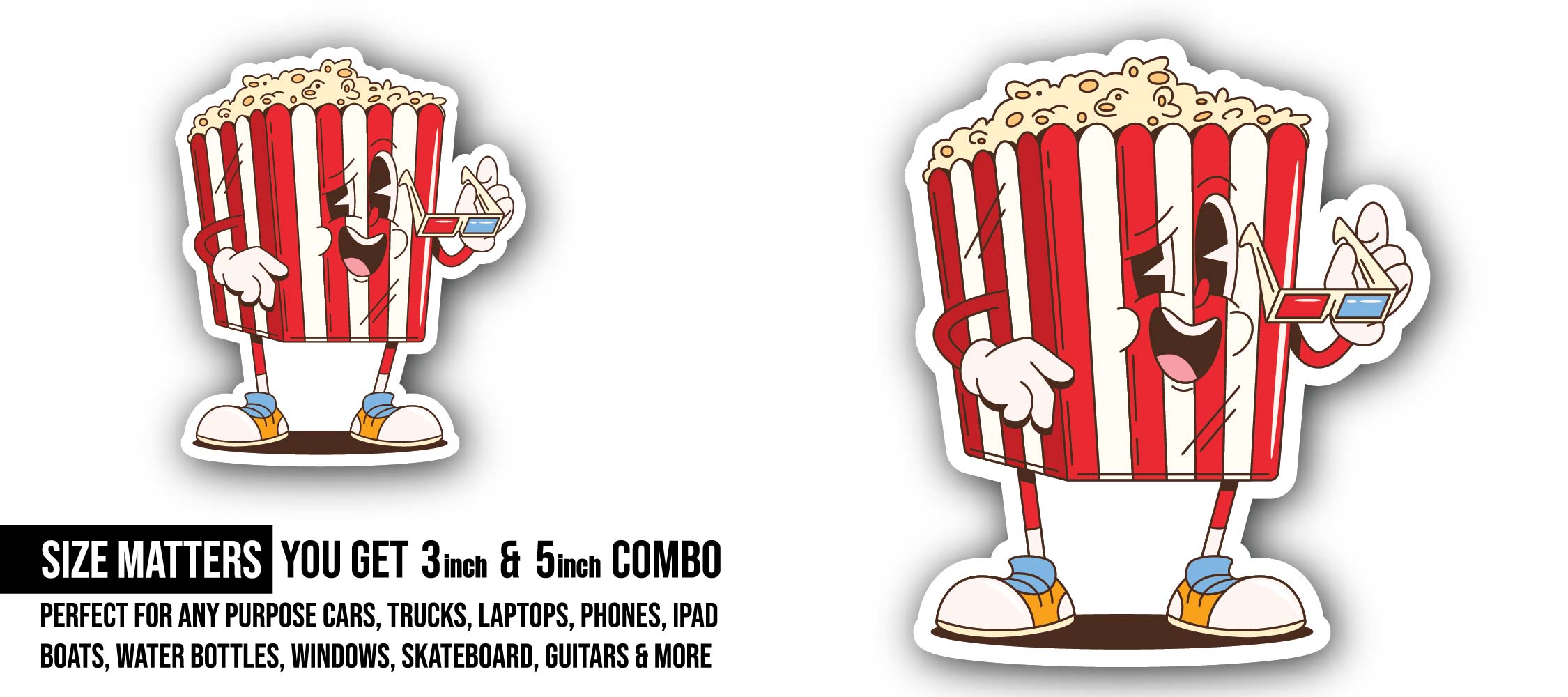 Crazy Popcorn Man Sticker, Waterproof Vinyl Decal Sticker Indoor Or Outdoor 2 (Pieces) 3" and 5"