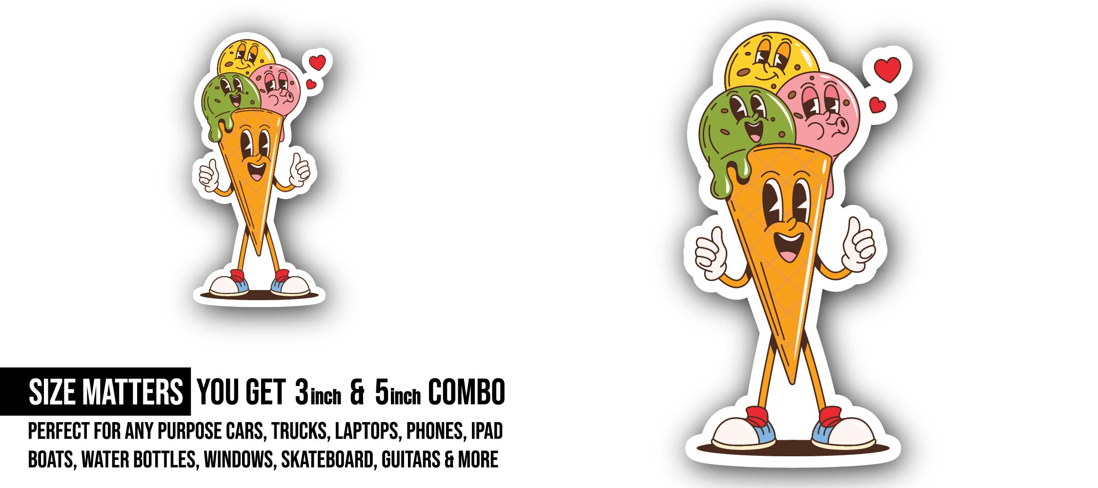 Cute Ice Cream man Sticker, Waterproof Vinyl Decal Sticker Indoor Or Outdoor 2 (Pieces) 3" and 5"