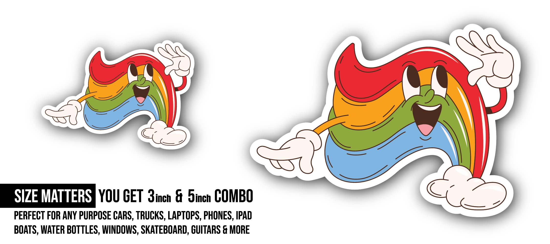 Cute rainbow character smile Sticker, Waterproof Vinyl Decal Sticker Indoor Or Outdoor 2 (Pieces) 3" and 5"