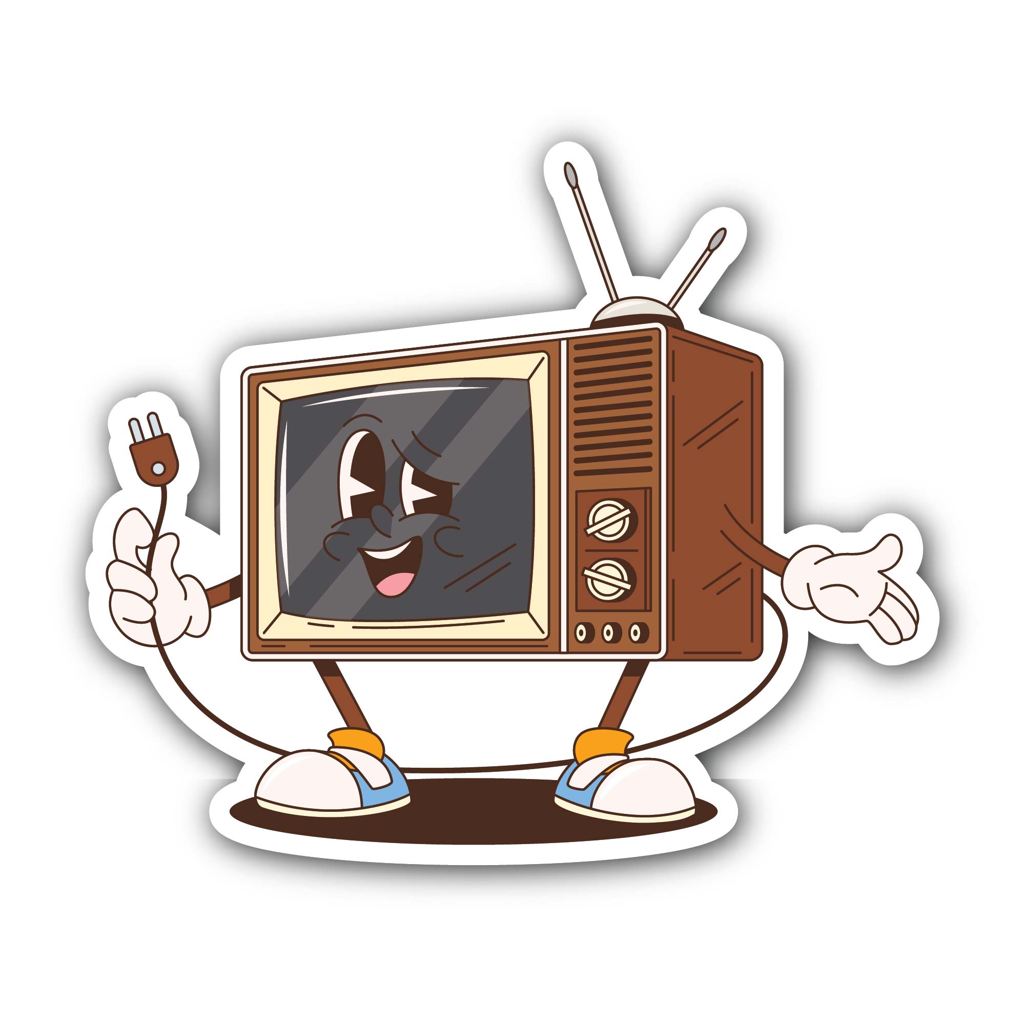 Cartoon tv character holds a plug in one hand Sticker, Waterproof Vinyl Decal Sticker Indoor Or Outdoor 2 (Pieces) 3" and 5"