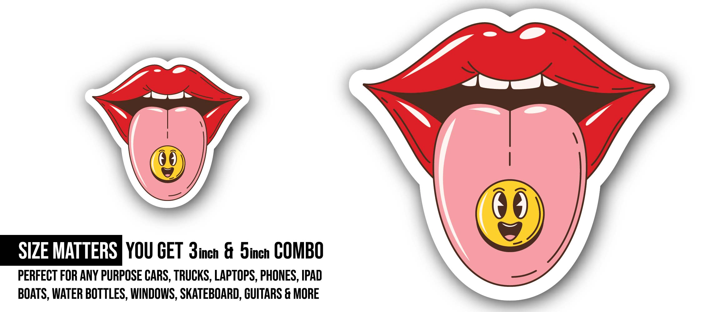 Psychedelic Tongue Sticker, Waterproof Vinyl Decal Sticker Indoor Or Outdoor 2 (Pieces) 3" and 5"