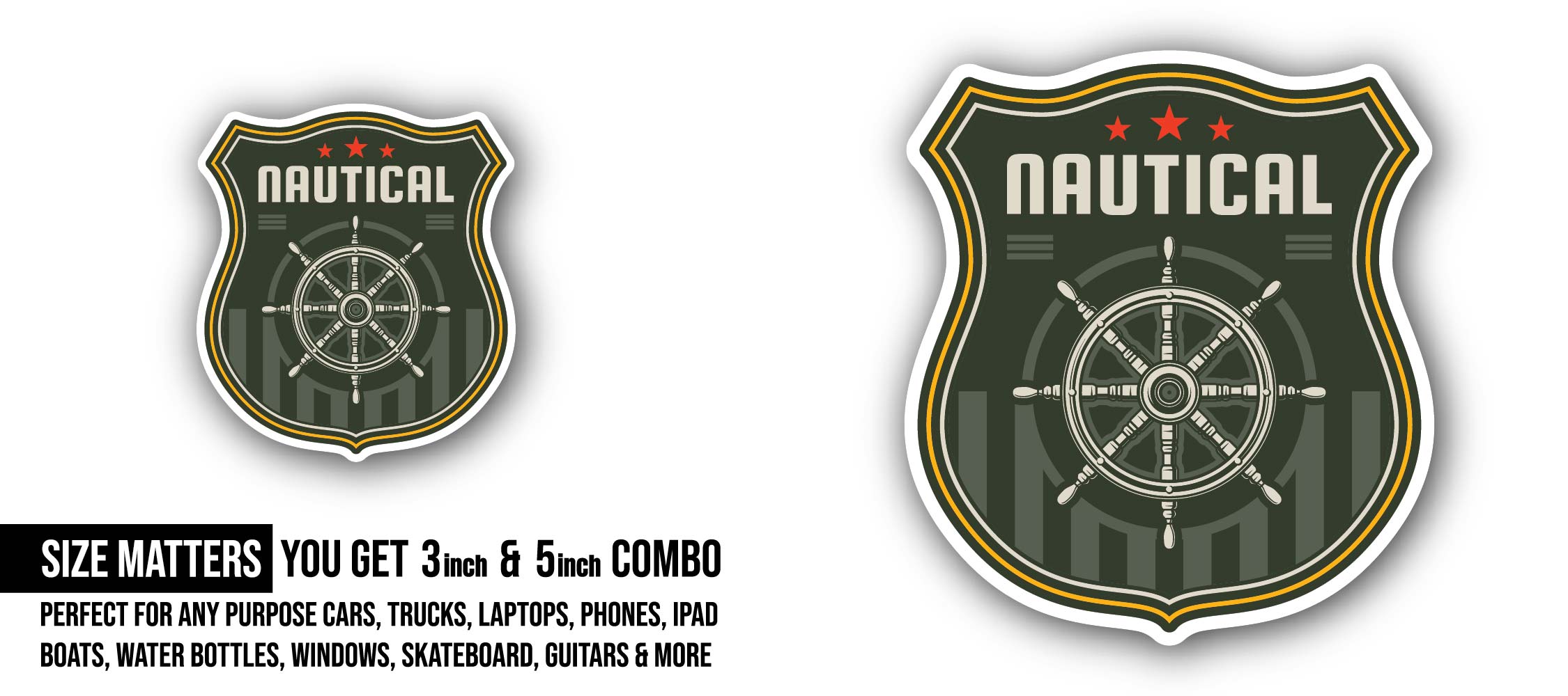 Ship Rudder Logo Elegant Nautical Maritime Sticker, Waterproof Vinyl Decal Sticker Indoor Or Outdoor 2 (Pieces) 3" and 5"