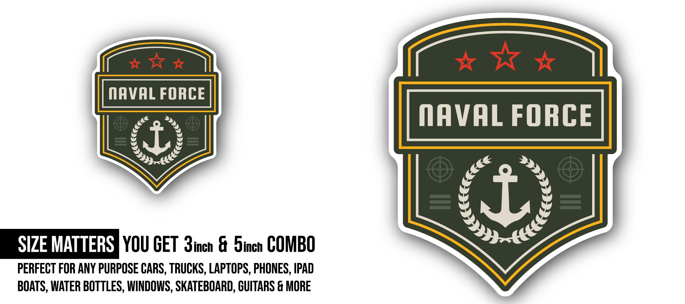 Navy Force Sticker, Waterproof Vinyl Decal Sticker Indoor Or Outdoor 2 (Pieces) 3" and 5"