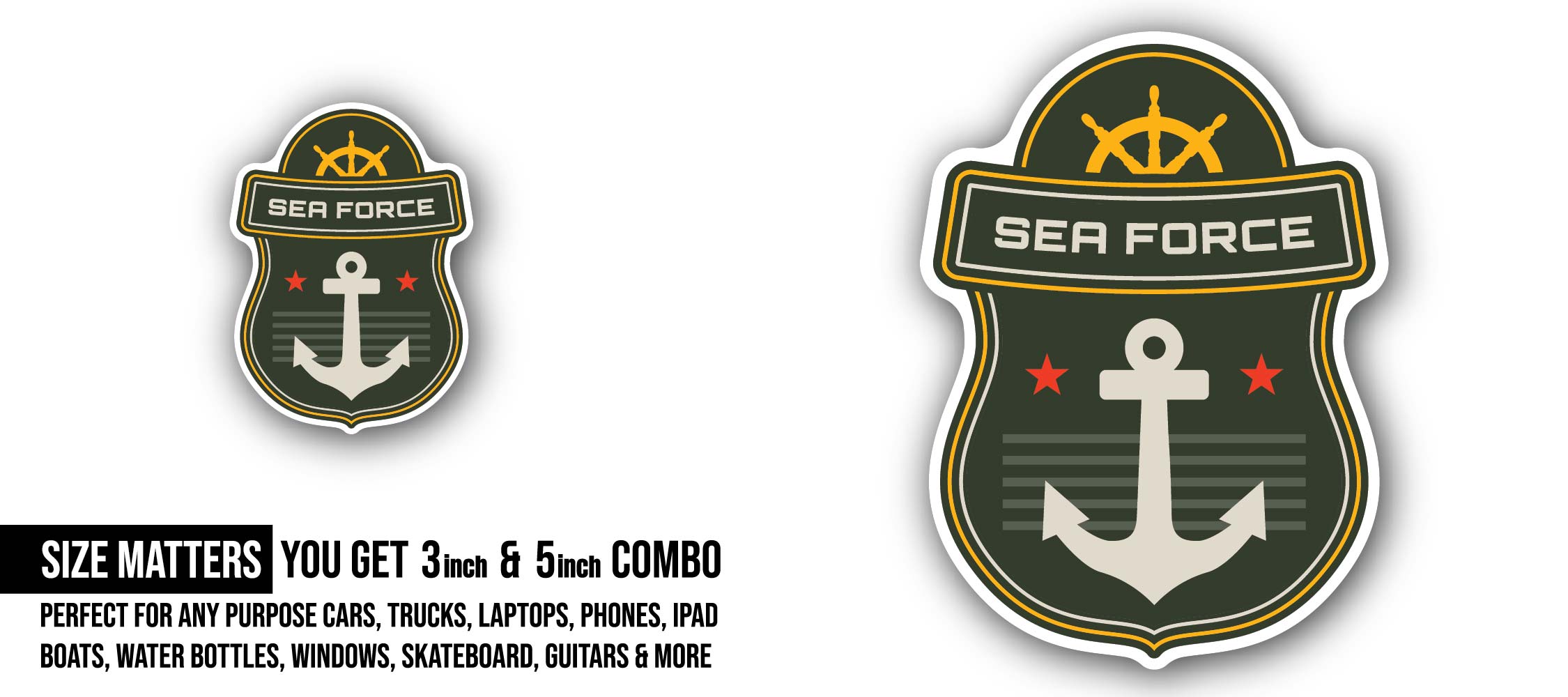 Navy emblem with anchor and stars Sticker, Waterproof Vinyl Decal Sticker Indoor Or Outdoor 2 (Pieces) 3" and 5"