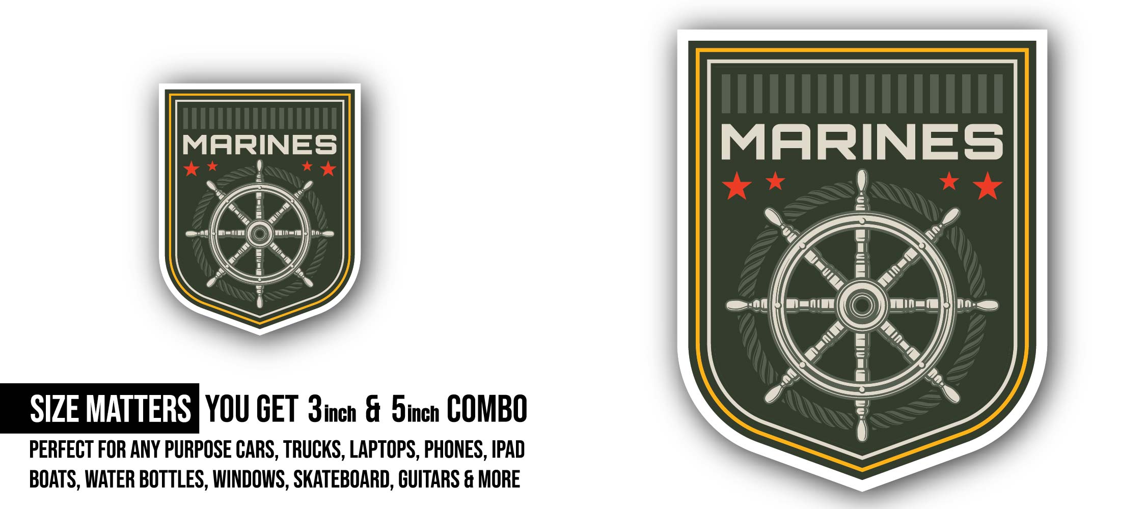 Marine Ship Steering Wheel Icon Sticker, Waterproof Vinyl Decal Sticker Indoor Or Outdoor 2 (Pieces) 3" and 5"