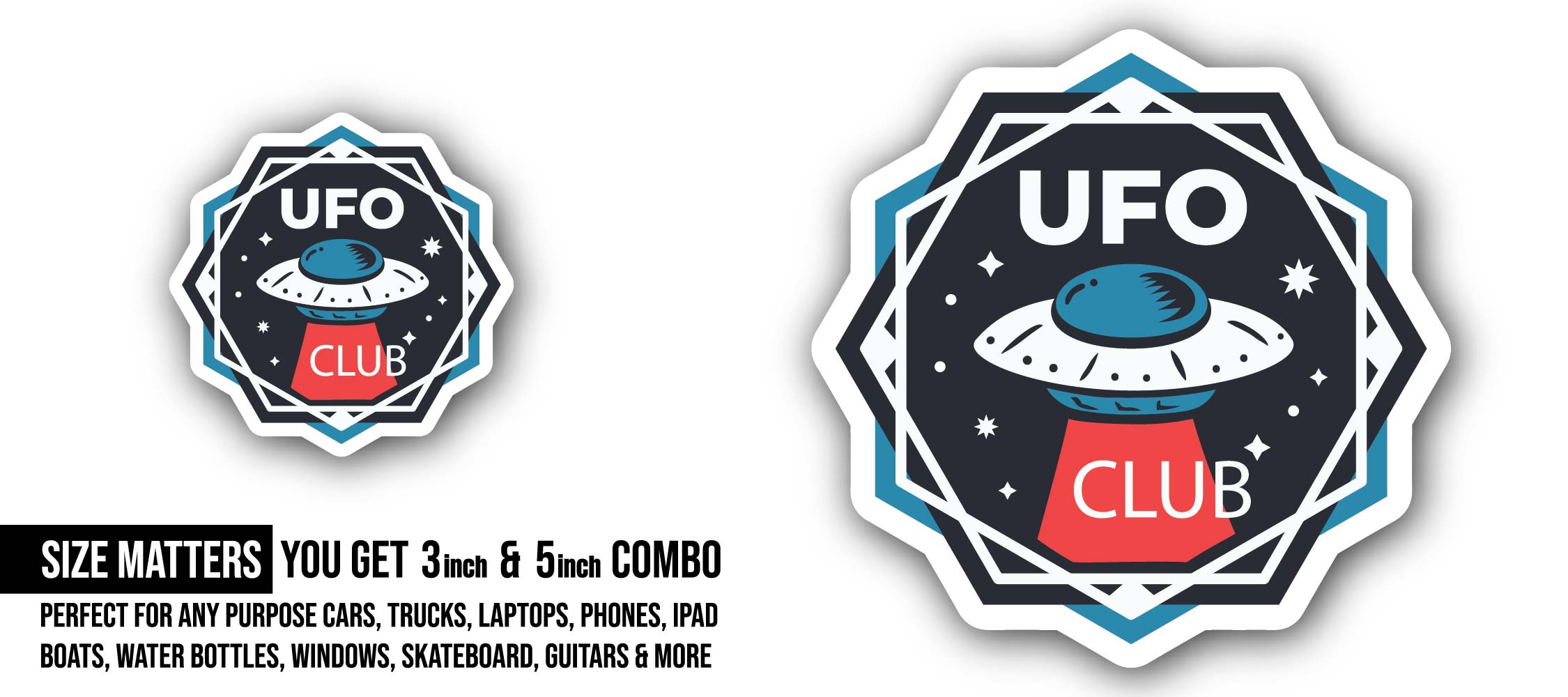UFO Sticker, Waterproof Vinyl Decal Sticker Indoor Or Outdoor 2 (Pieces) 3" and 5"