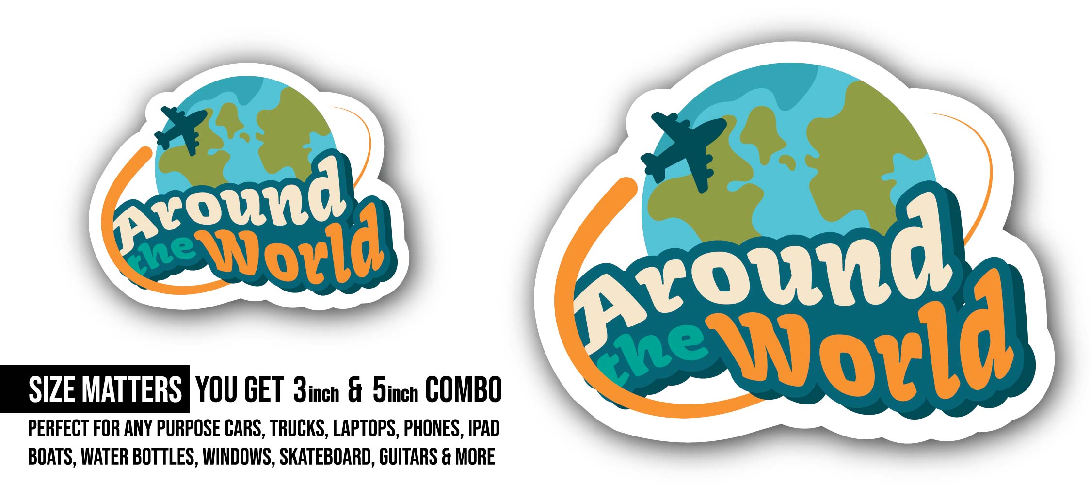 Around the World Sticker, Waterproof Vinyl Decal Sticker Indoor Or Outdoor 2 (Pieces) 3" and 5"