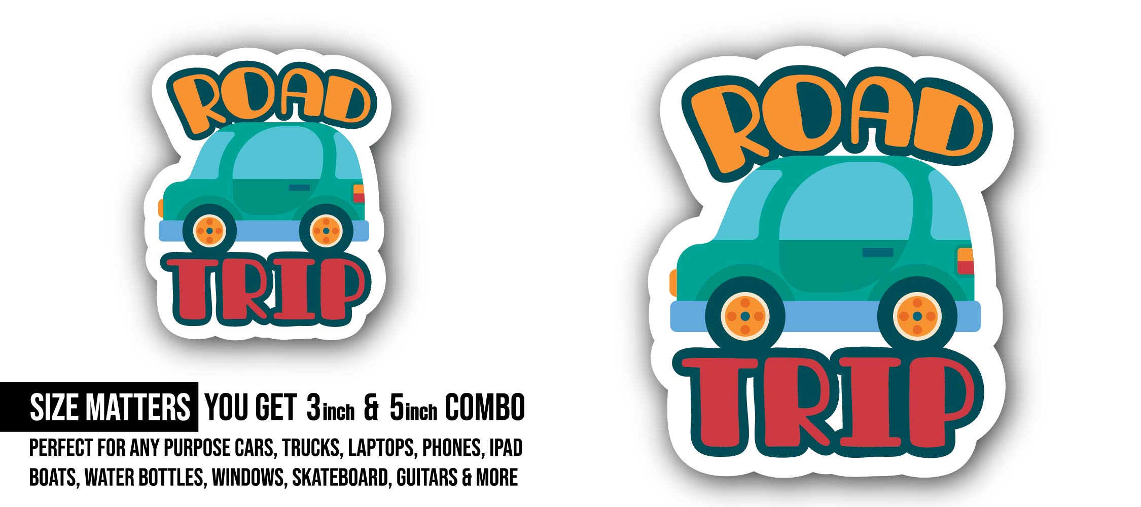 Road Trip Sticker, Waterproof Vinyl Decal Sticker Indoor Or Outdoor 2 (Pieces) 3" and 5"