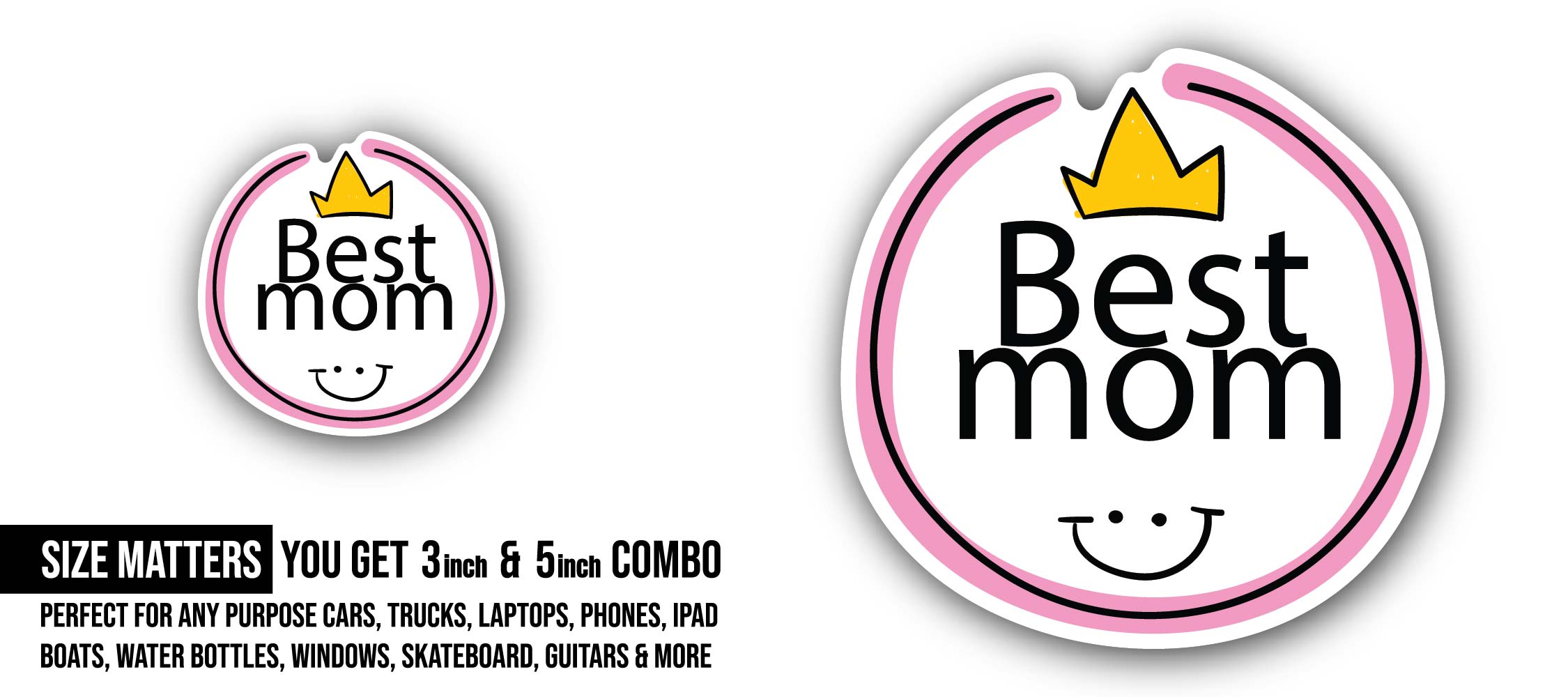 Best Mom & smile Face Sticker, Waterproof Vinyl Decal Sticker Indoor Or Outdoor 2 (Pieces) 3" and 5"
