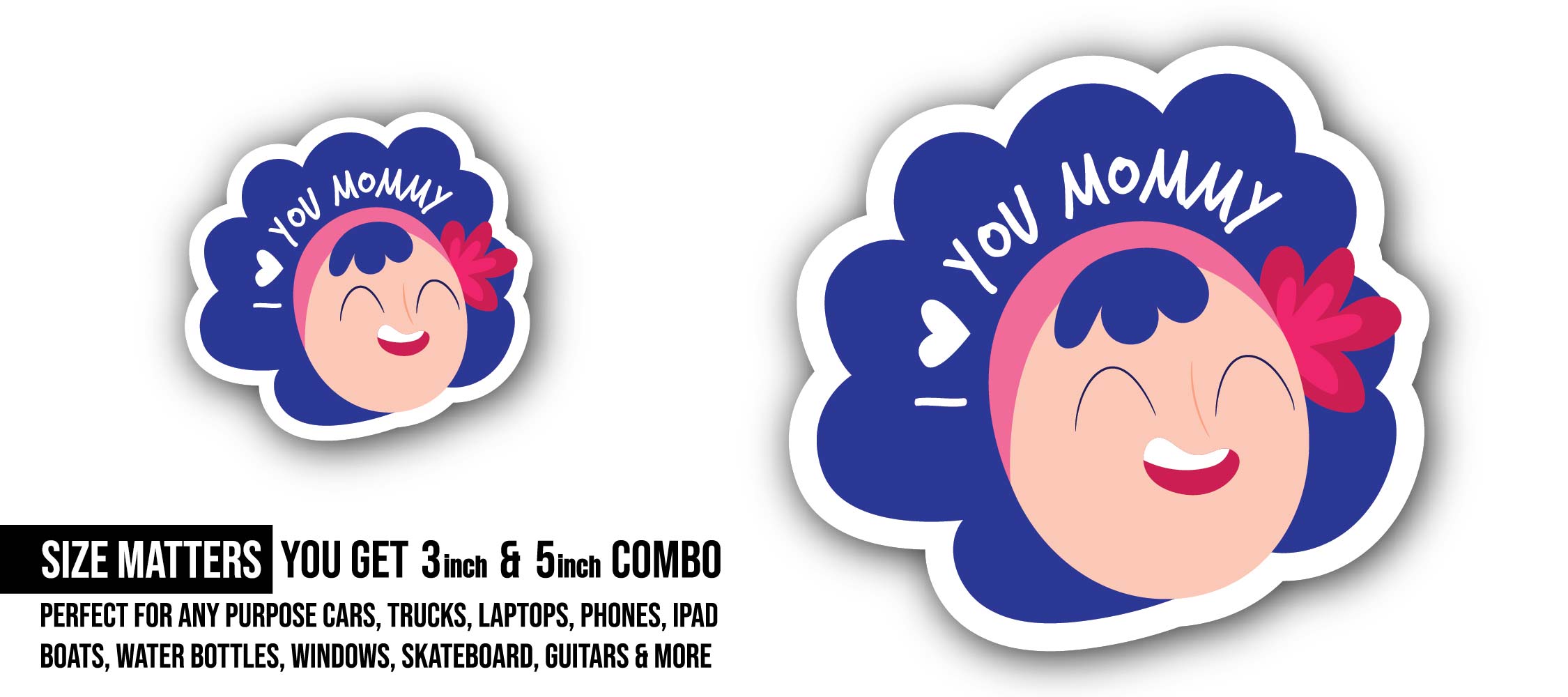 Love You Mom Message Sticker, Waterproof Vinyl Decal Sticker Indoor Or Outdoor 2 (Pieces) 3" and 5"