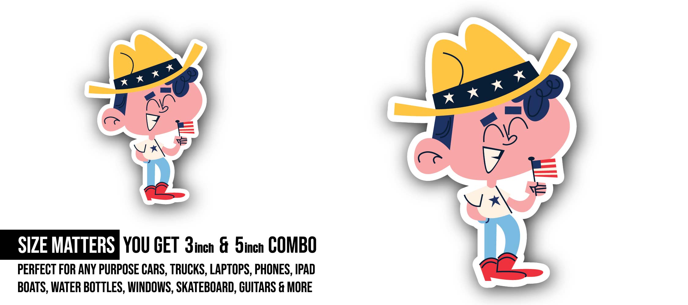 Boy with Flag Sticker, Waterproof Vinyl Decal Sticker Indoor Or Outdoor 2 (Pieces) 3" and 5"