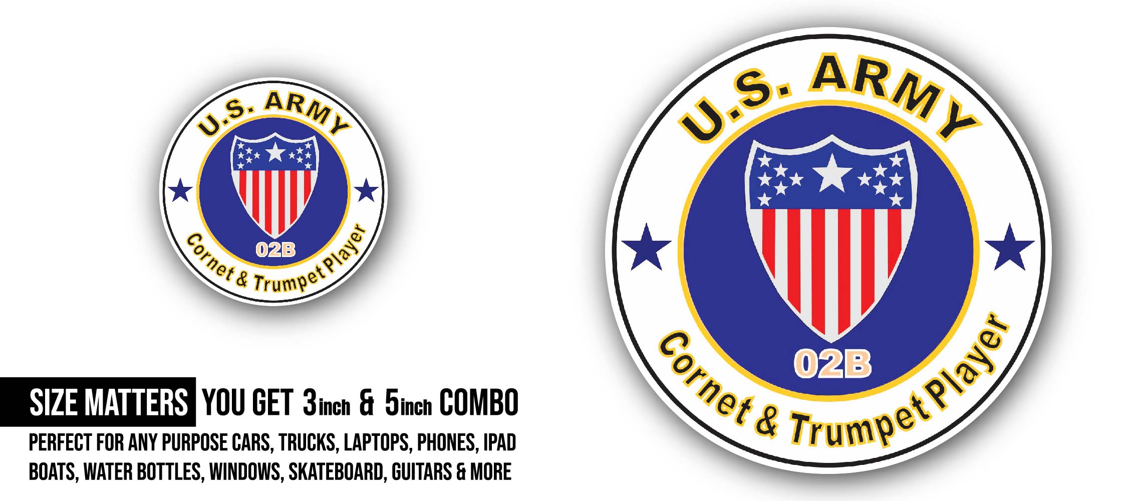 U.S. Army MOS 02B Coronet & Trumpet Player Sticker, Waterproof Vinyl Decal Sticker Indoor Or Outdoor 2 (Pieces) 3" and 5"
