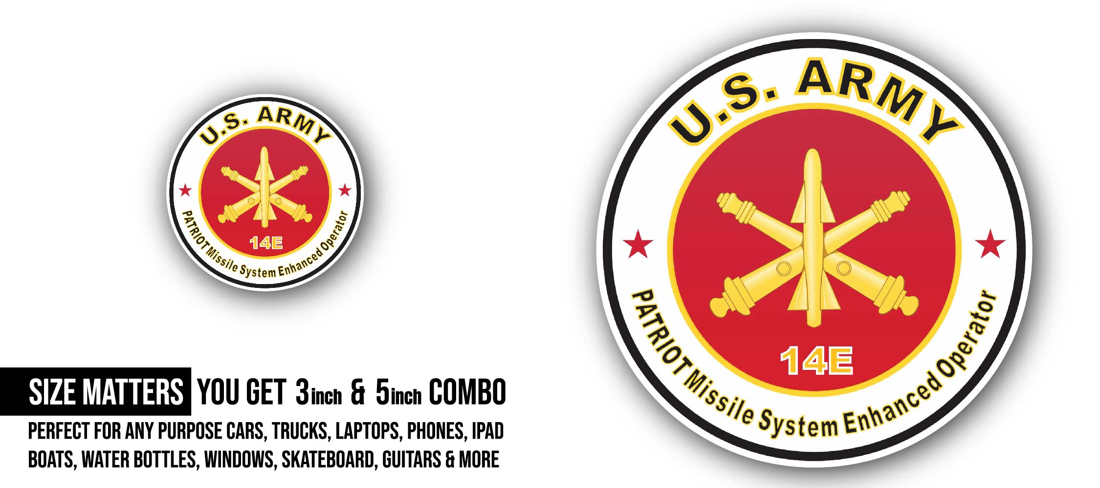 U.S. Army MOS 14E Patriot Missile System Enhanced Operator Sticker, Waterproof Vinyl Decal Sticker Indoor Or Outdoor 2 (Pieces) 3" and 5"