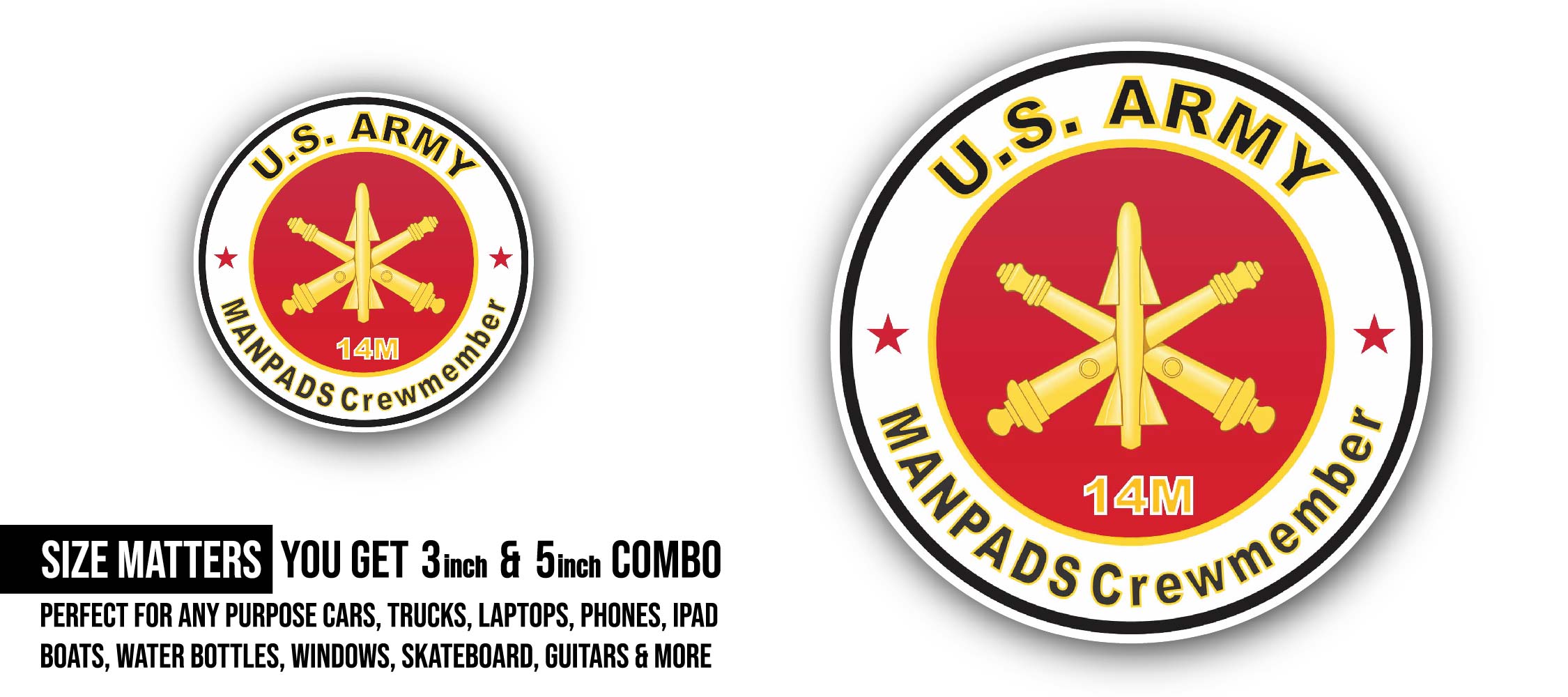 U.S. Army MOS 14M ManPADS Crewmember Sticker, Waterproof Vinyl Decal Sticker Indoor Or Outdoor 2 (Pieces) 3" and 5"
