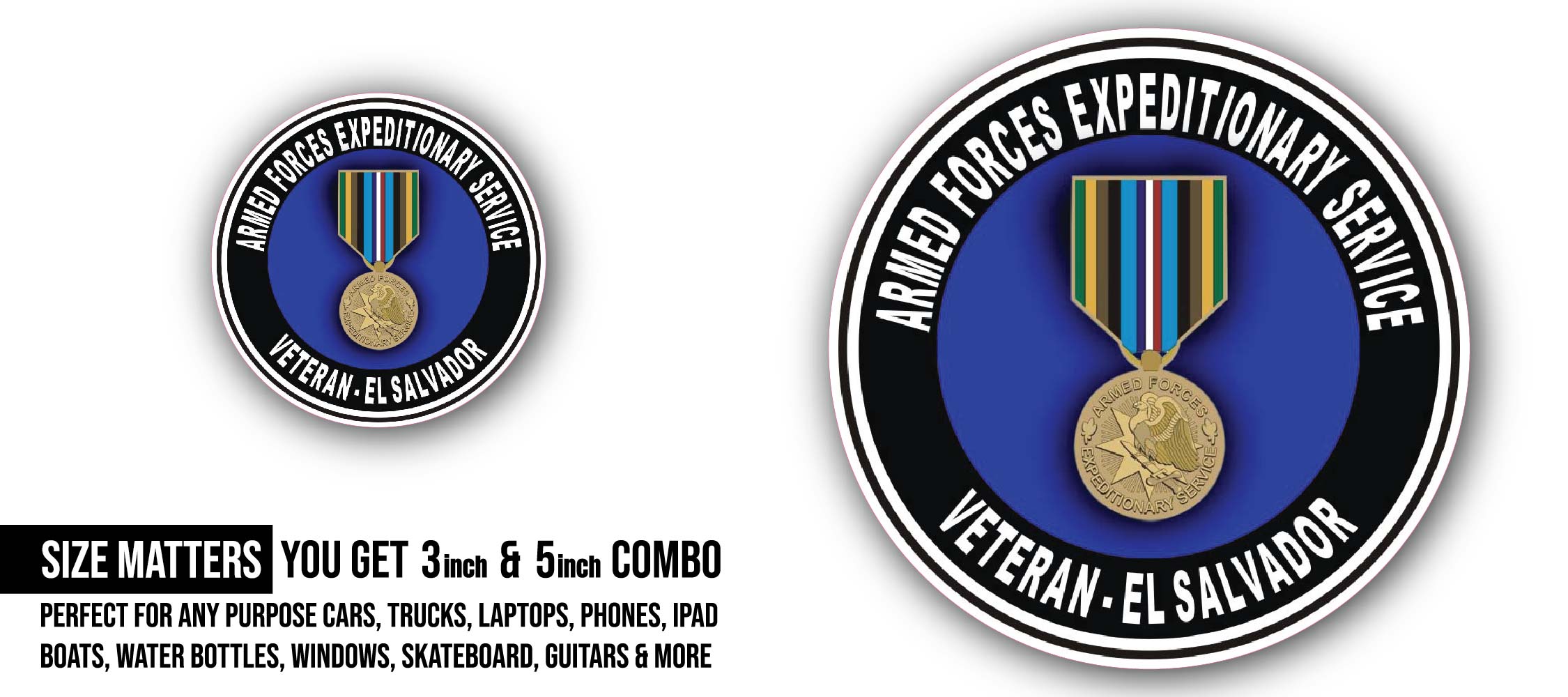 Armed Forces Expeditionary Medal El Salvador Sticker, Waterproof Vinyl Decal Sticker Indoor Or Outdoor 2 (Pieces) 3" and 5"
