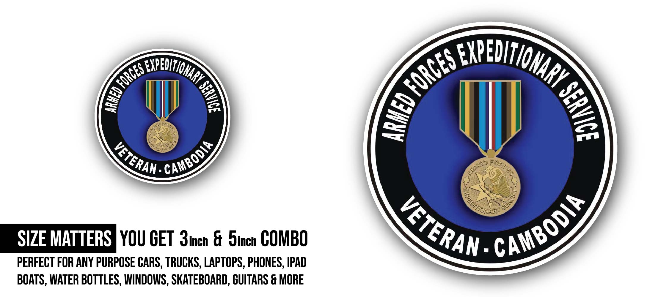 Armed Forces Expeditionary Medal Cambodia Sticker, Waterproof Vinyl Decal Sticker Indoor Or Outdoor 2 (Pieces) 3" and 5"