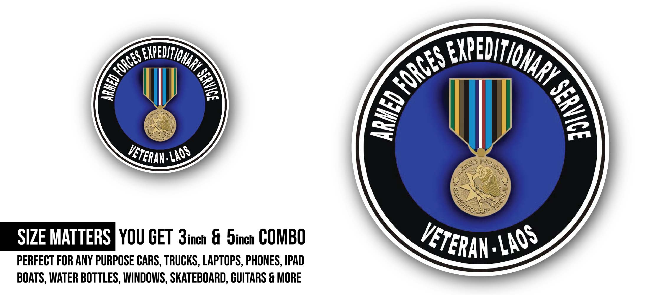 Armed Forces Expeditionary Medal Laos Sticker, Waterproof Vinyl Decal Sticker Indoor Or Outdoor 2 (Pieces) 3" and 5"