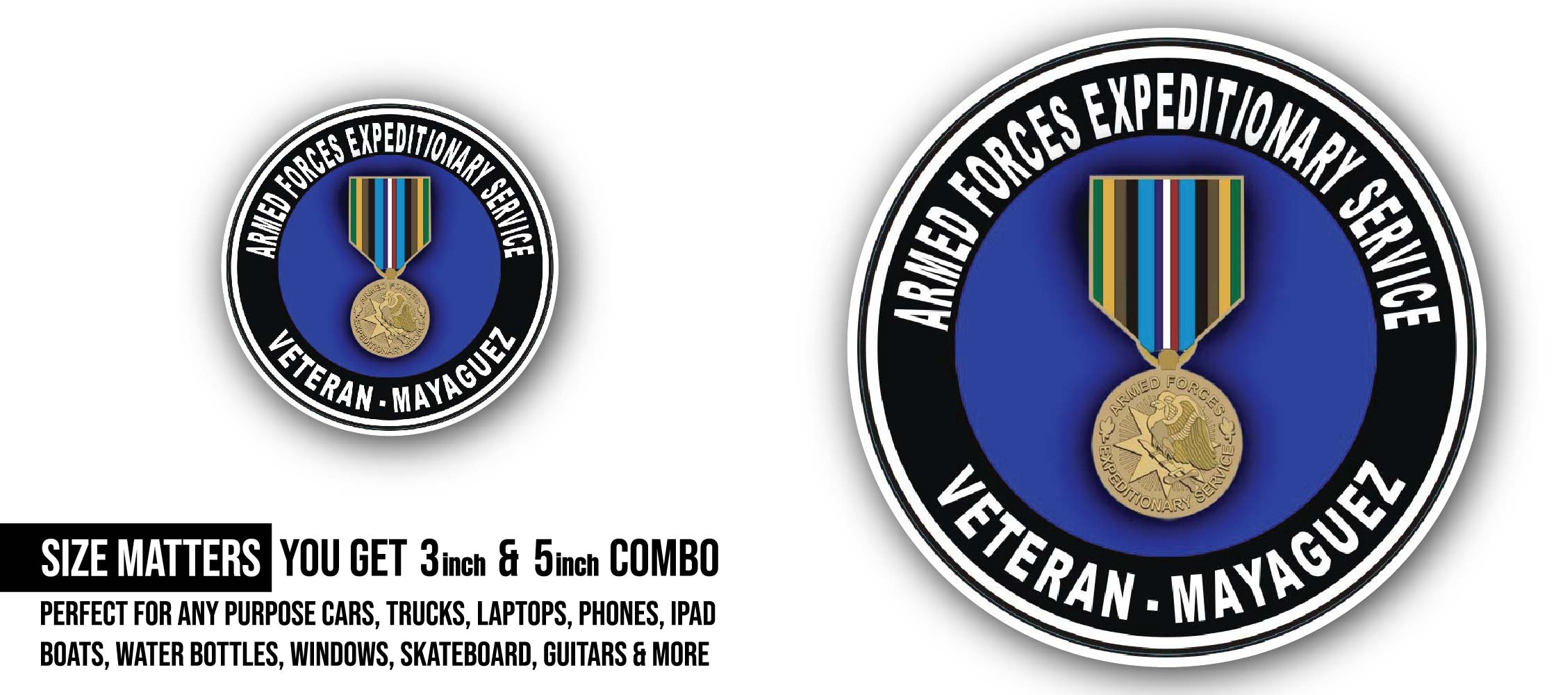 Armed Forces Expeditionary Medal Mayaguez Sticker, Waterproof Vinyl Decal Sticker Indoor Or Outdoor 2 (Pieces) 3" and 5"