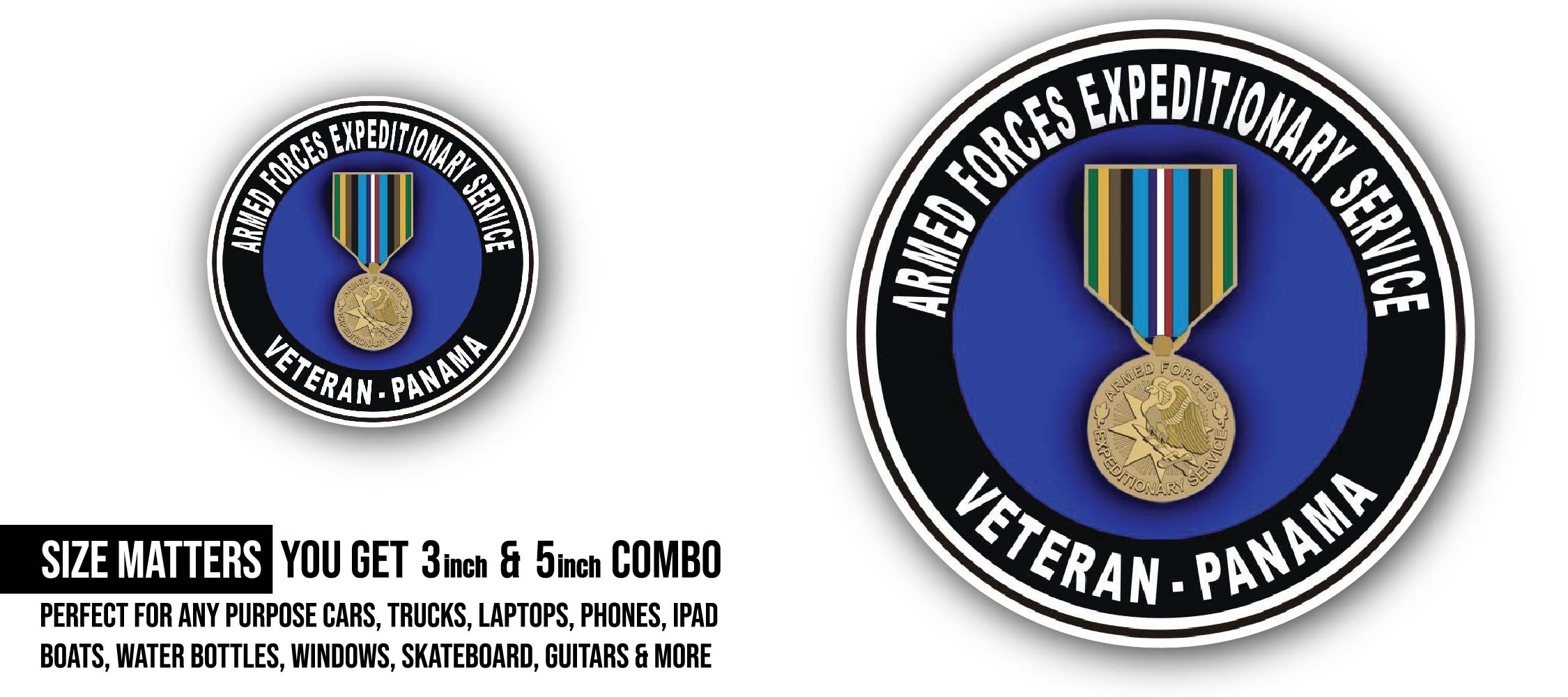 Armed Forces Expeditionary Medal Panama Sticker, Waterproof Vinyl Decal Sticker Indoor Or Outdoor 2 (Pieces) 3" and 5"